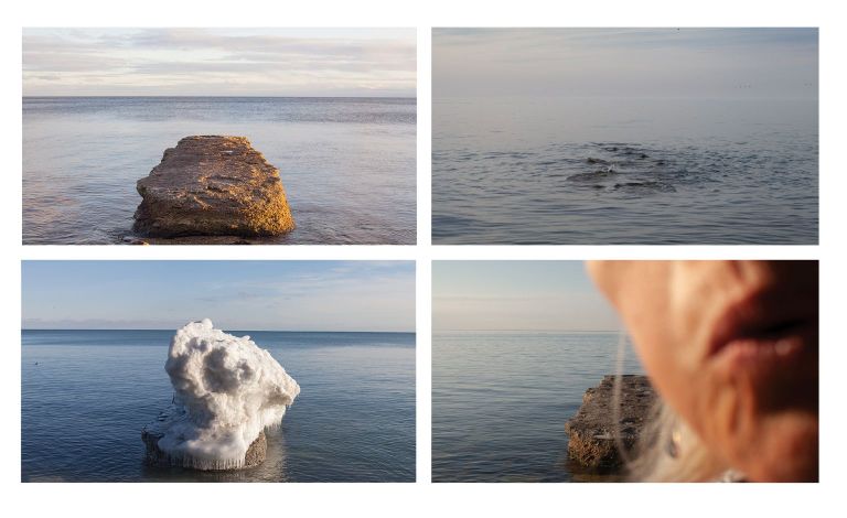 Four photos, top left - a slab of concrete extending from water; top right - water with concrete that is barely showing, bottom left  - ice pile on top of concrete extending from water and bottom right - a section of a person's face, a mouth (and in the background: the concrete in the water). 