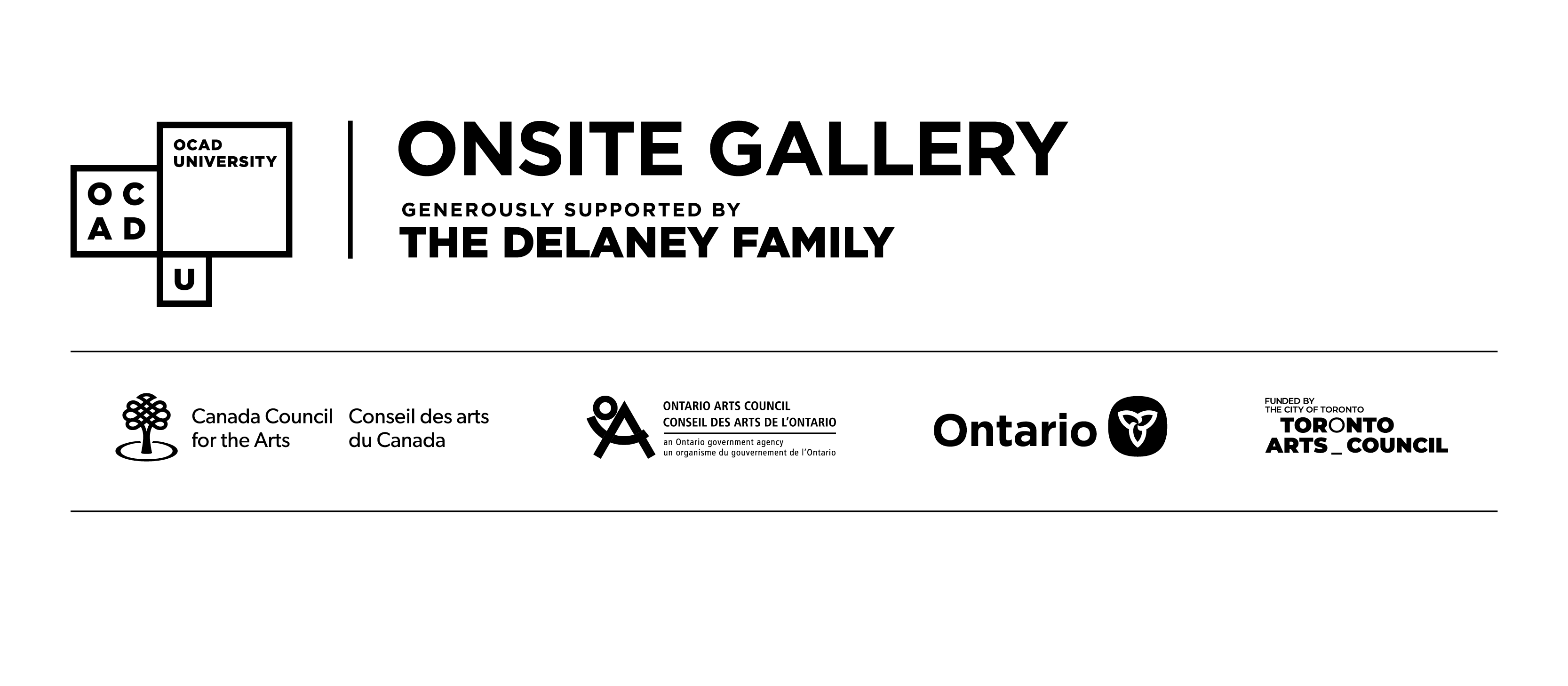 Logo Lock of Onsite Gallery, Canada Council for the Arts, Ontario Arts Council, Toronto Arts Council
