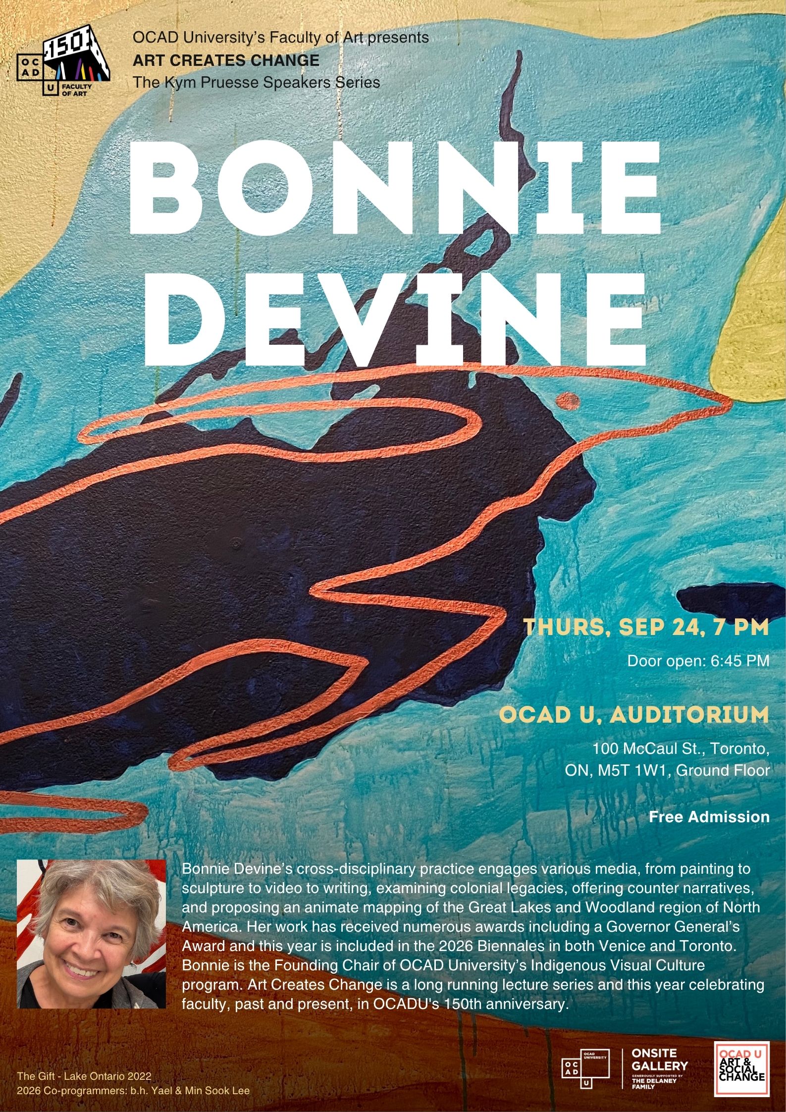 Artist talk poster with event info, artist bio and colourful artwork as background