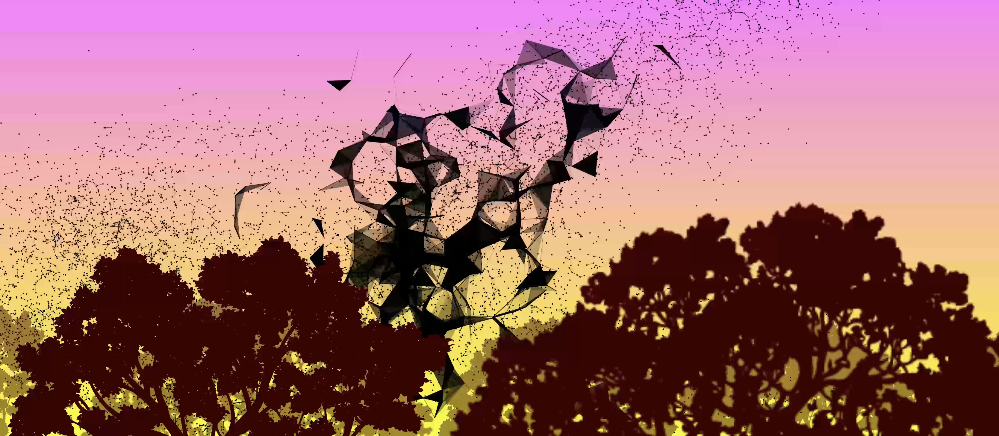 Pink and yellow sky with birds flying above trees