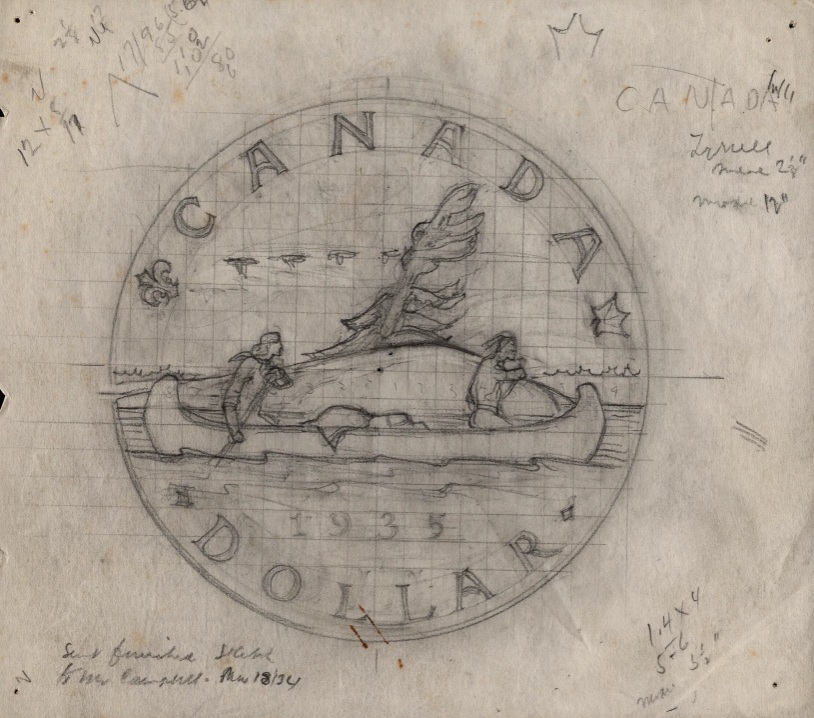 Emanuel Hahn’s original sketch of the reverse for the proposed commemorative silver dollar, 1934. Paper, graphite pencil, 20cm x 17.8cm. Bank of Canada Museum, NCC - 1963.59.15.4