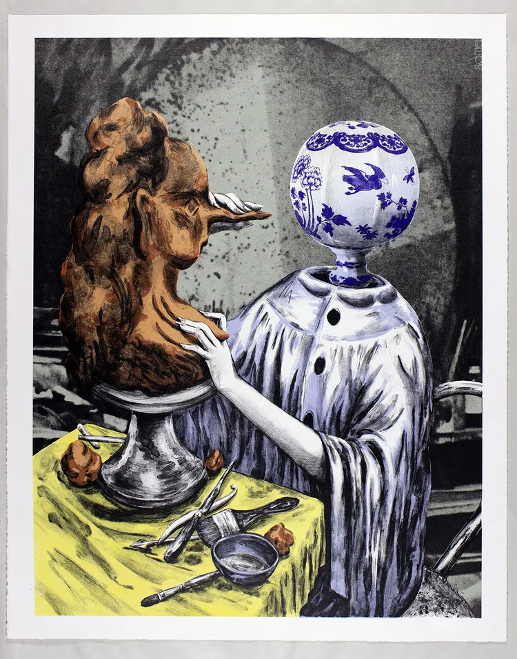 Shary Boyle, Cephalophoric Saint, 2018, colour lithograph with opalescent pigment, 65.72 x 50.48 cm, collaborating printer Jill Graham.