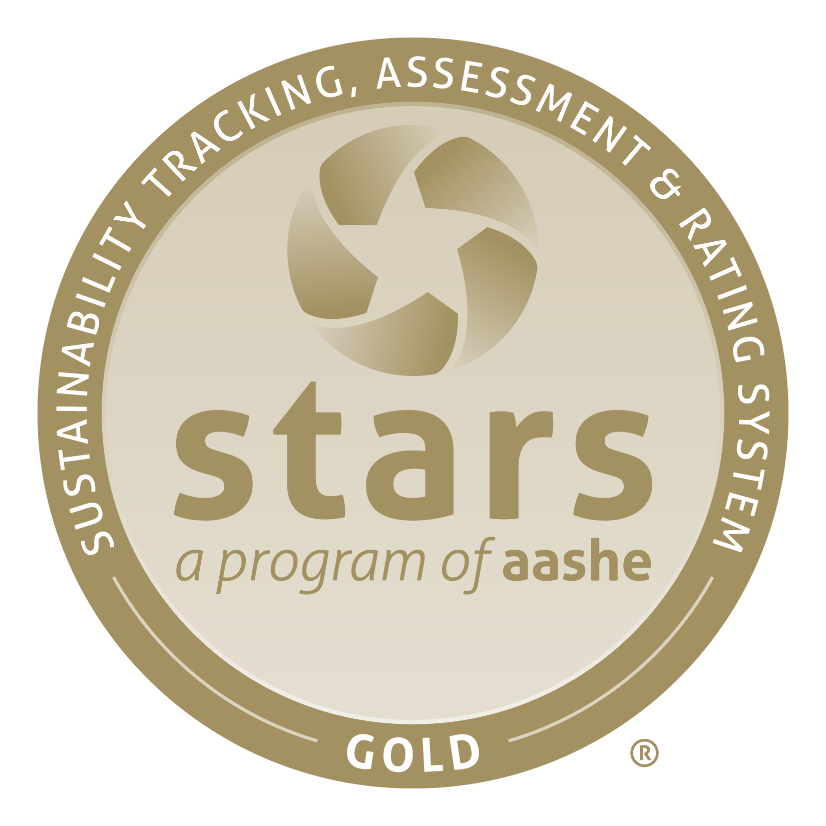 Gold medallion that says Sustainability Tracking, Assessment and Rating System, STARS, a program of asshe, Gold