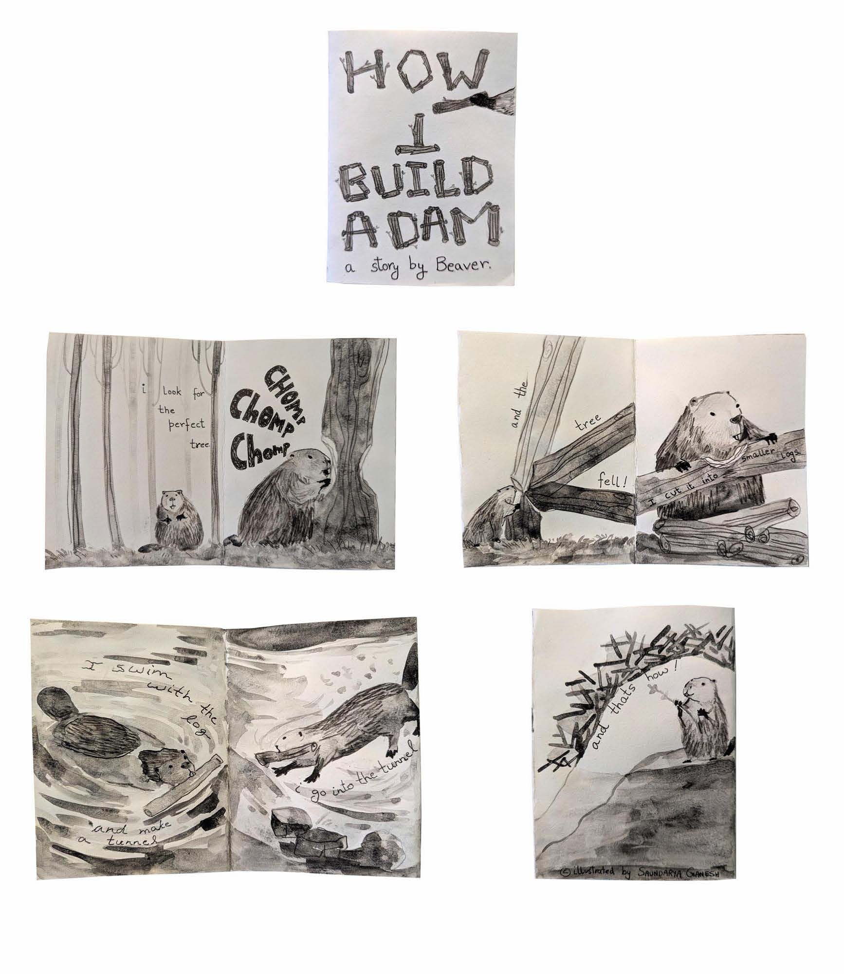 How I Build a Dam, 2025, art graph and charcoal on paper, 4.5 x 6 inches © Saundarya Ganesh, courtesy of the artist
