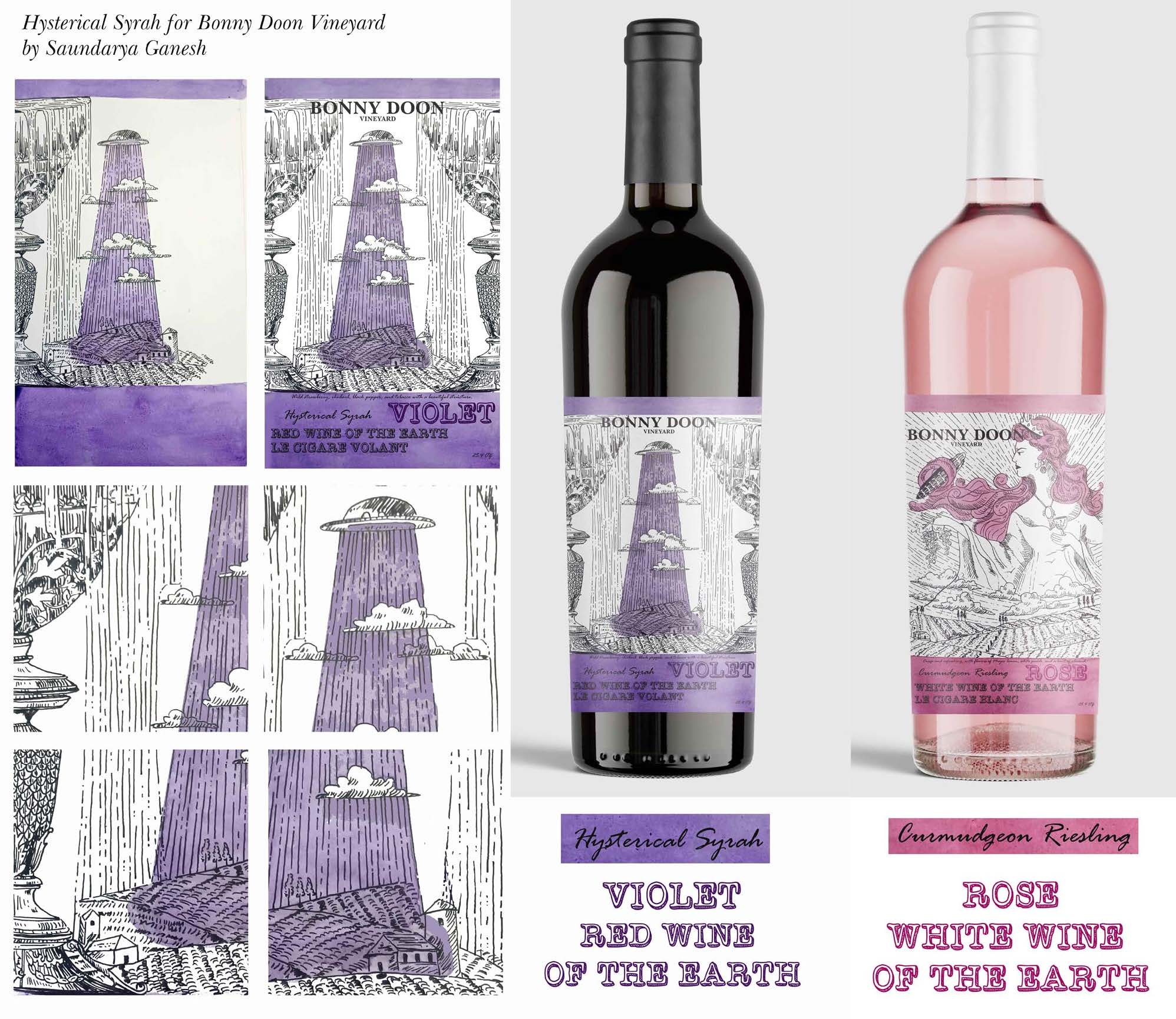 Wine Label Design Concept for Bonny Doon Vineyard, 2025, fine-liner and watercolor on paper © Saundarya Ganesh, courtesy of the artist