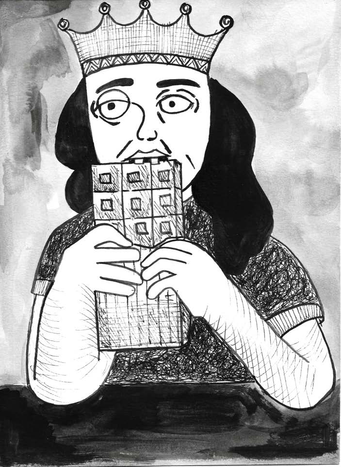 The King eating Chocolate, 2024, pen and Ink, illustration inspired by the poetry “The King of Bombardia” written by Sukumar Ray © Saretta Khan, courtesy of the artist