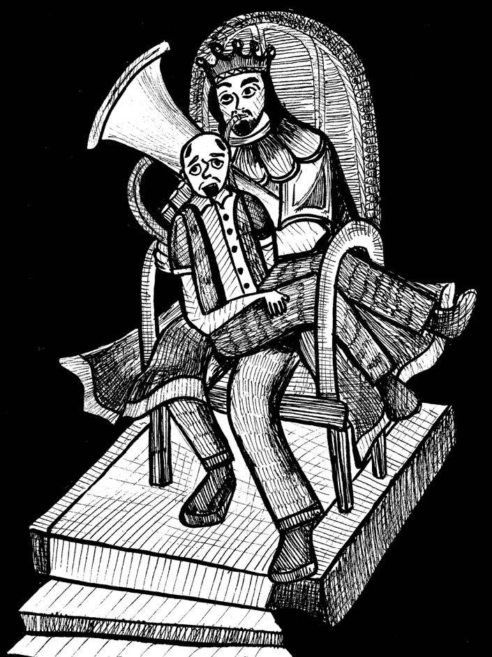 The King playing the baritone, 2024, pen and Ink, illustration inspired by the poetry “The King of Bombardia” written by Sukumar Ray © Saretta Khan, courtesy of the artist