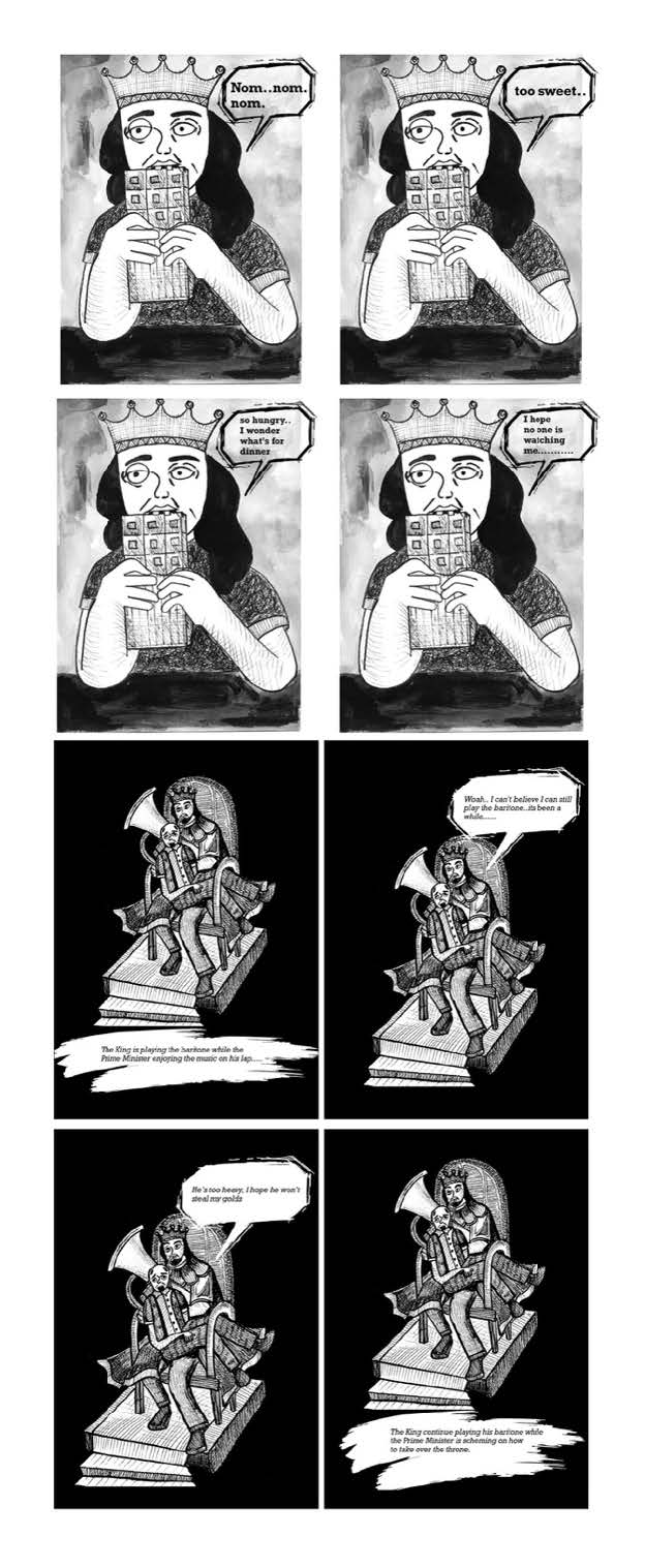 Comic Strip of ‘Abol Tabol’ which means The Weird and the Absurd, 2024, pen and Ink, Photoshop to add text bubble, illustration inspired by the poetry “The King of Bombardia” written by Sukumar Ray © Saretta Khan, courtesy of the artist