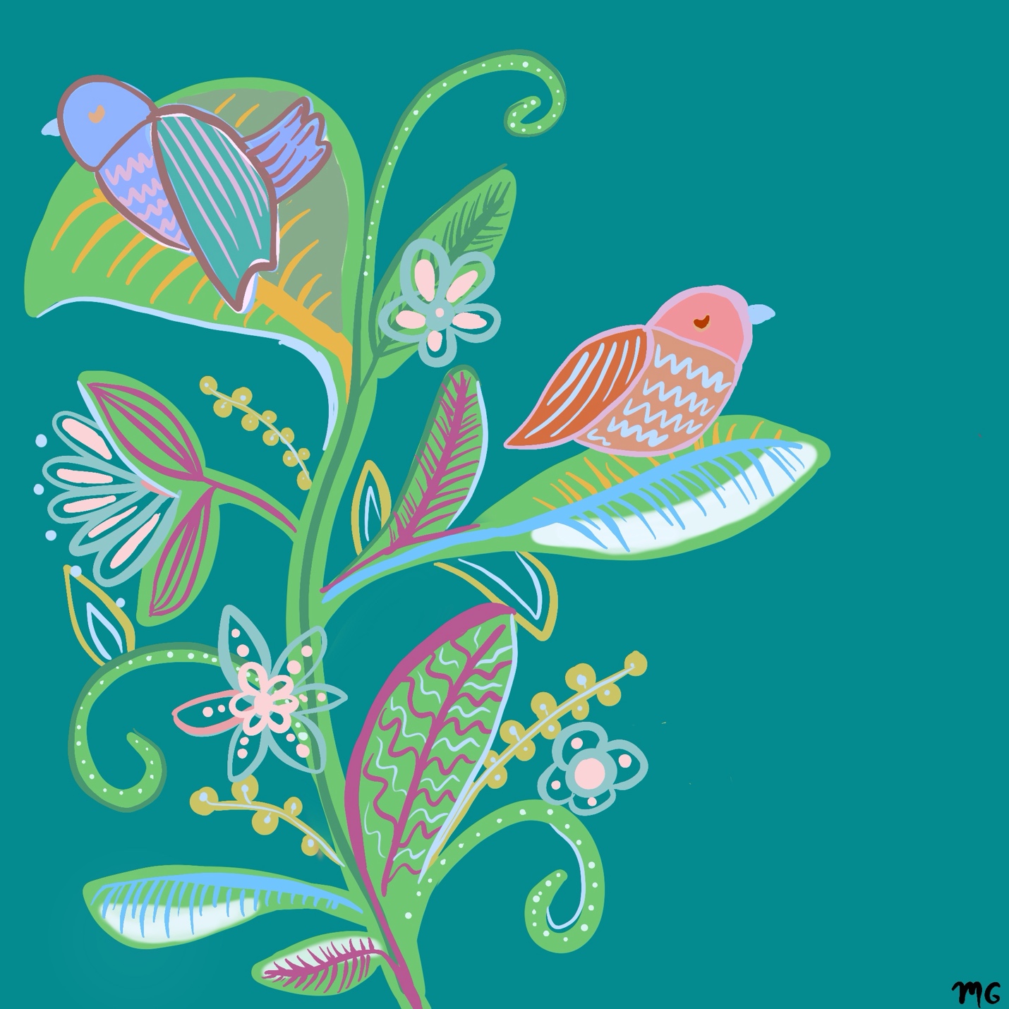 Spring birds chirping, 2025, digital painting © Megan Ganter-Romaniuk, courtesy of the artist