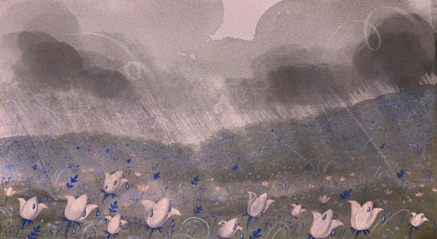The garden fills with rain, 2023, mixed media (gouache and pencil crayon), 3.5 x 6.5 inches © Gillian McLellan, courtesy of the artist