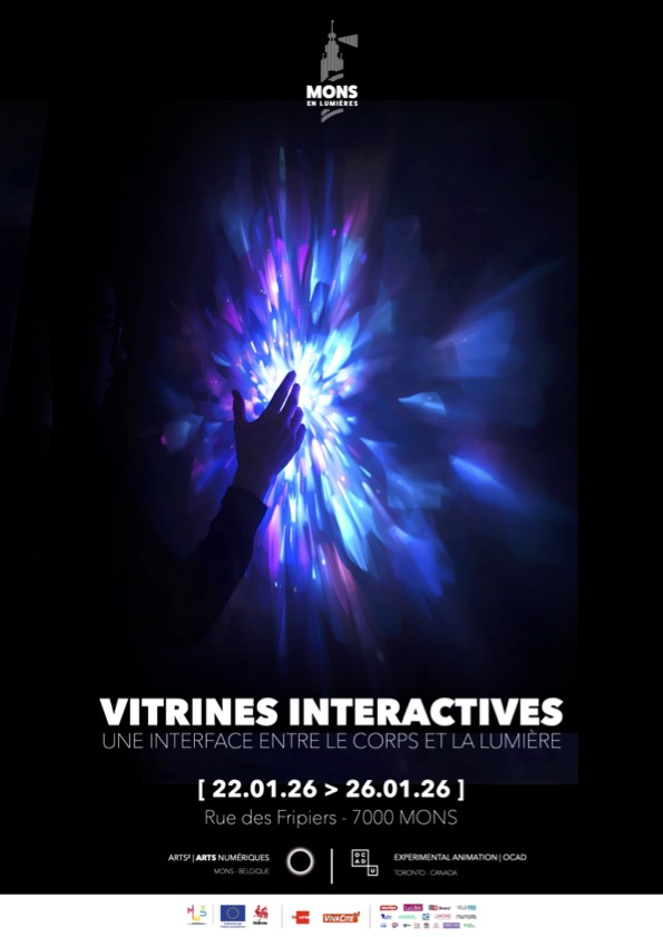 Words, Vitrines interactive (Interactive windows) black with burst of blue, pink and white light