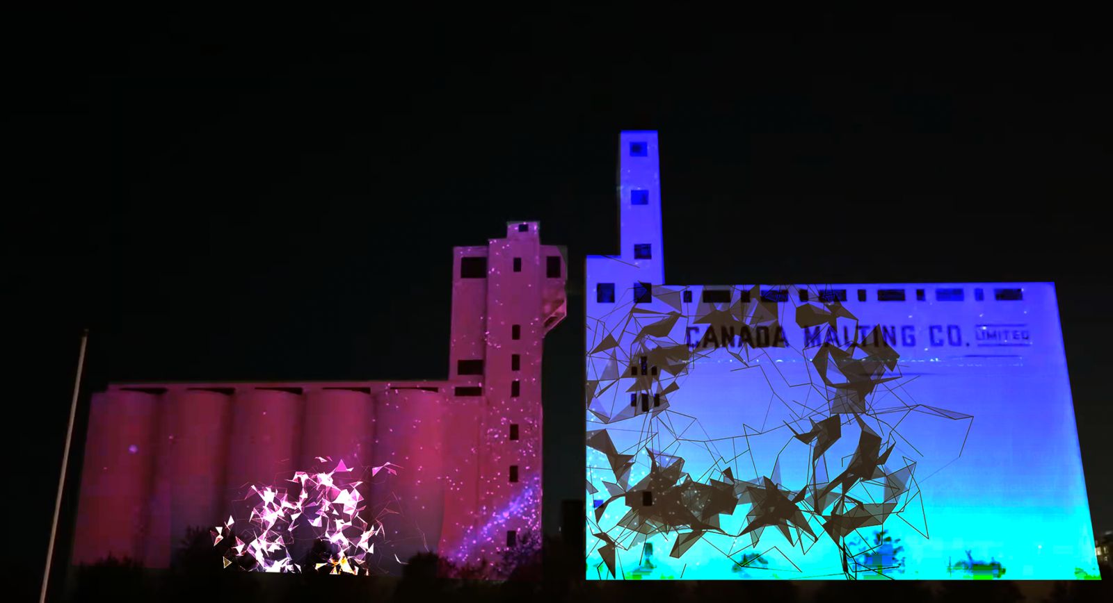 Artwork projection of "Breathe" by Faisal Anwar on Canada Malting Silos