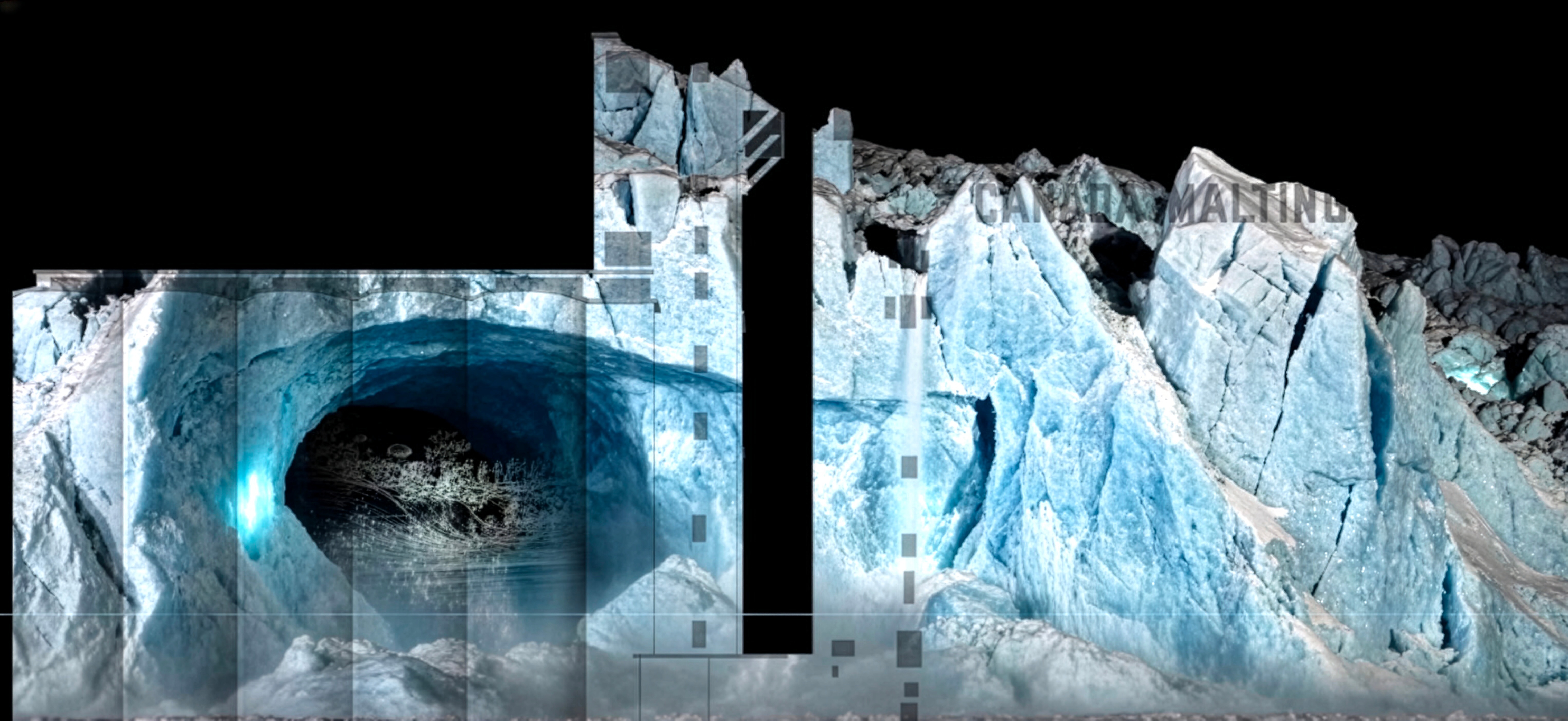 Artwork, "Melting Temporalities" projected on Canada Malting Silos, blue arctic landscape