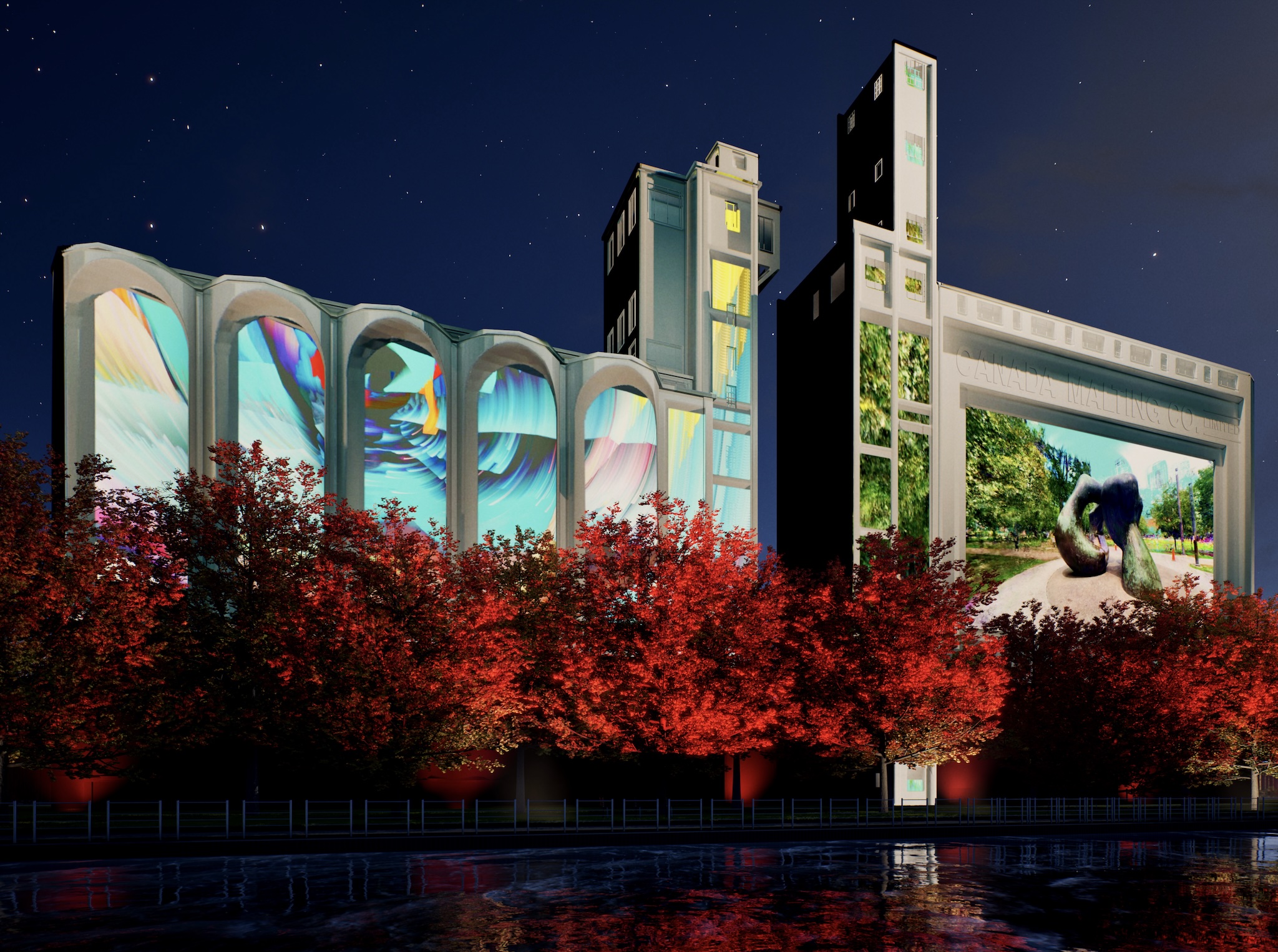 Projection of The Shape of Memory on the Canada Malting Silos, with red trees in front