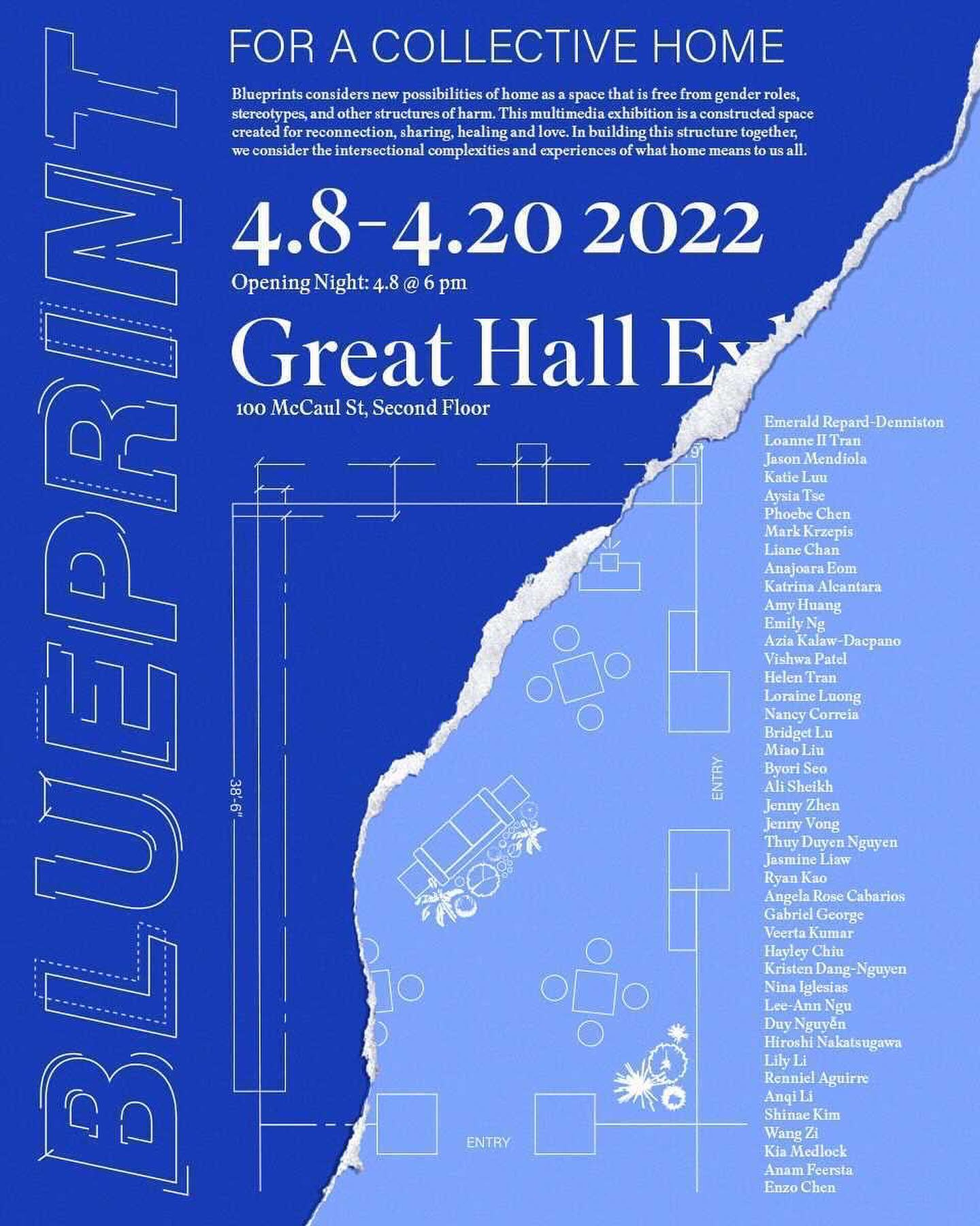 illustration of a blueprint for floor plan of the Great Hall with text title, “Blueprint for a Collective Home”. It includes information including when and where along with the names of the exhibitors.