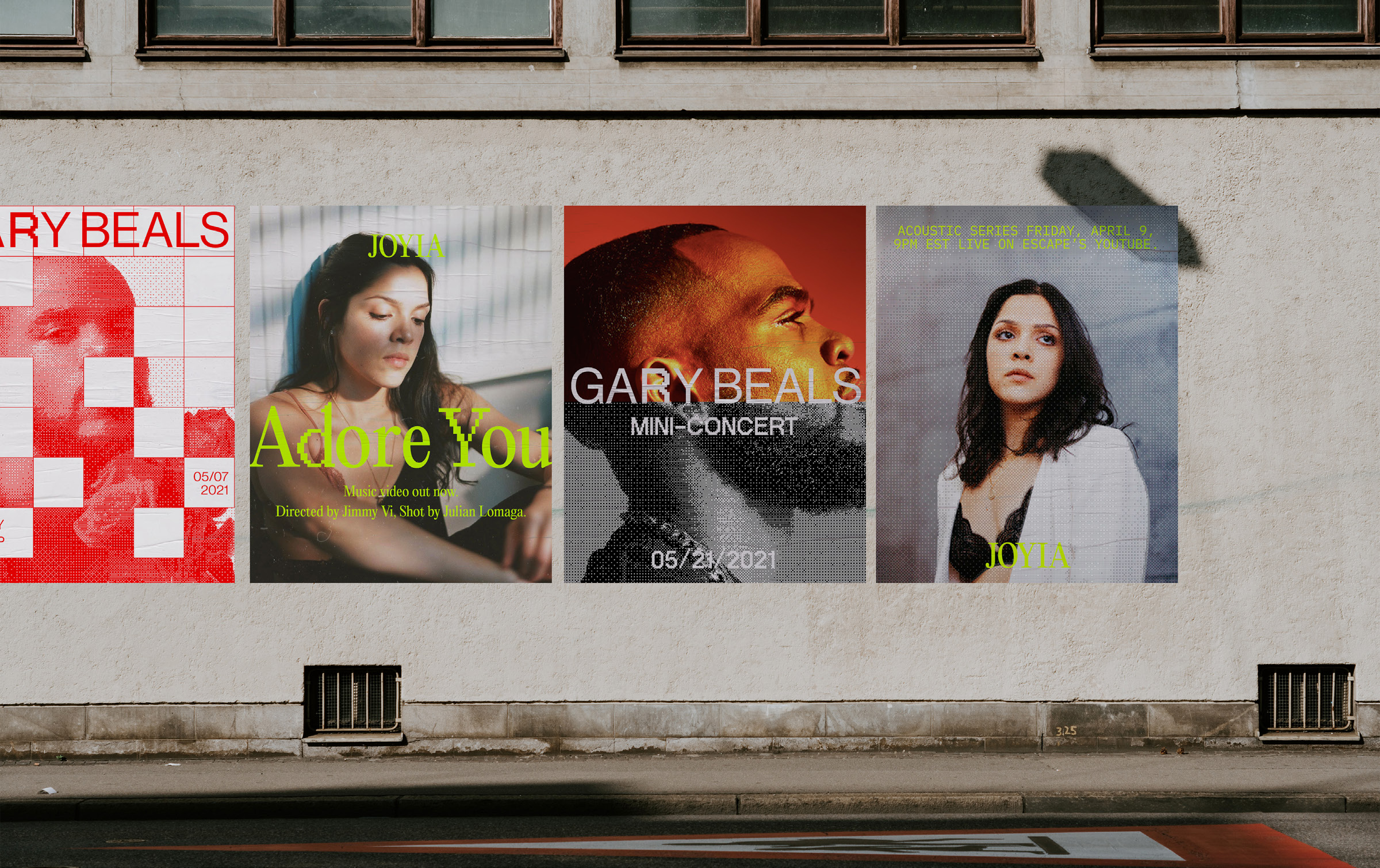A streetscape, with the wall of a building cover in 4 posters promoting music events.