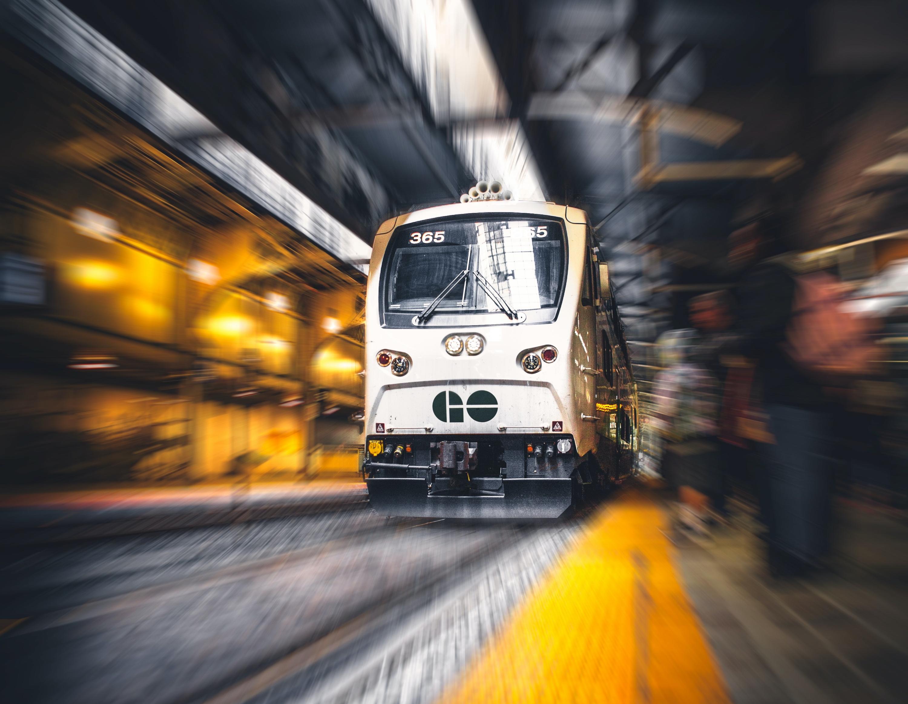 A train is photographed on a track.