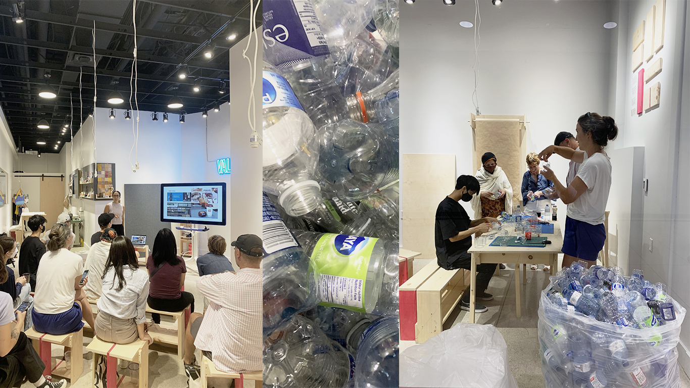 A composite photo with images of a group of students sitting on benches watching a monitor, a close-up plastic water bottles and a group of students standing beside a plastic bag with empty plastic bottles.