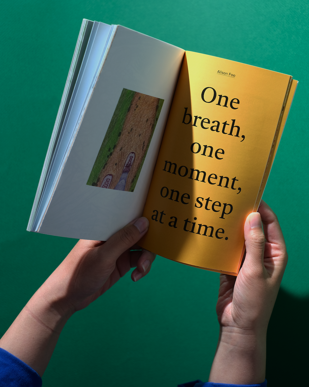 A photo of two hands holding an open book on a green background.