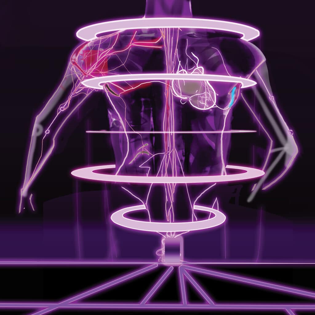 An illustration of a torso in bright pink through which you can see veins.