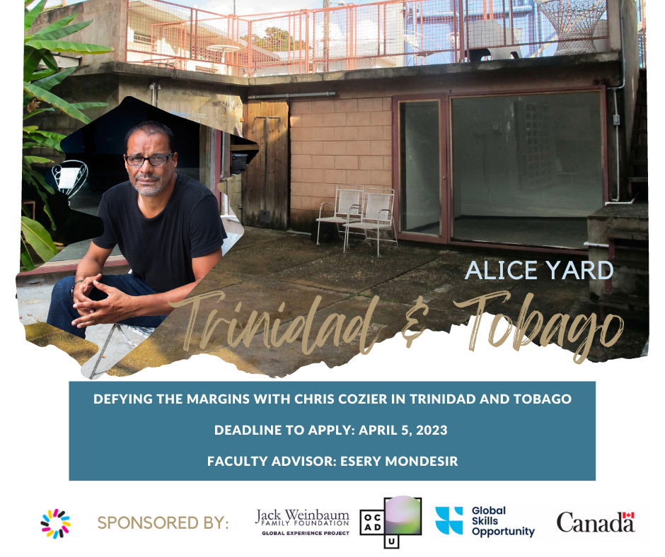 Artist and Curator Christopher Cozier in front of Alice Yard with text about the call