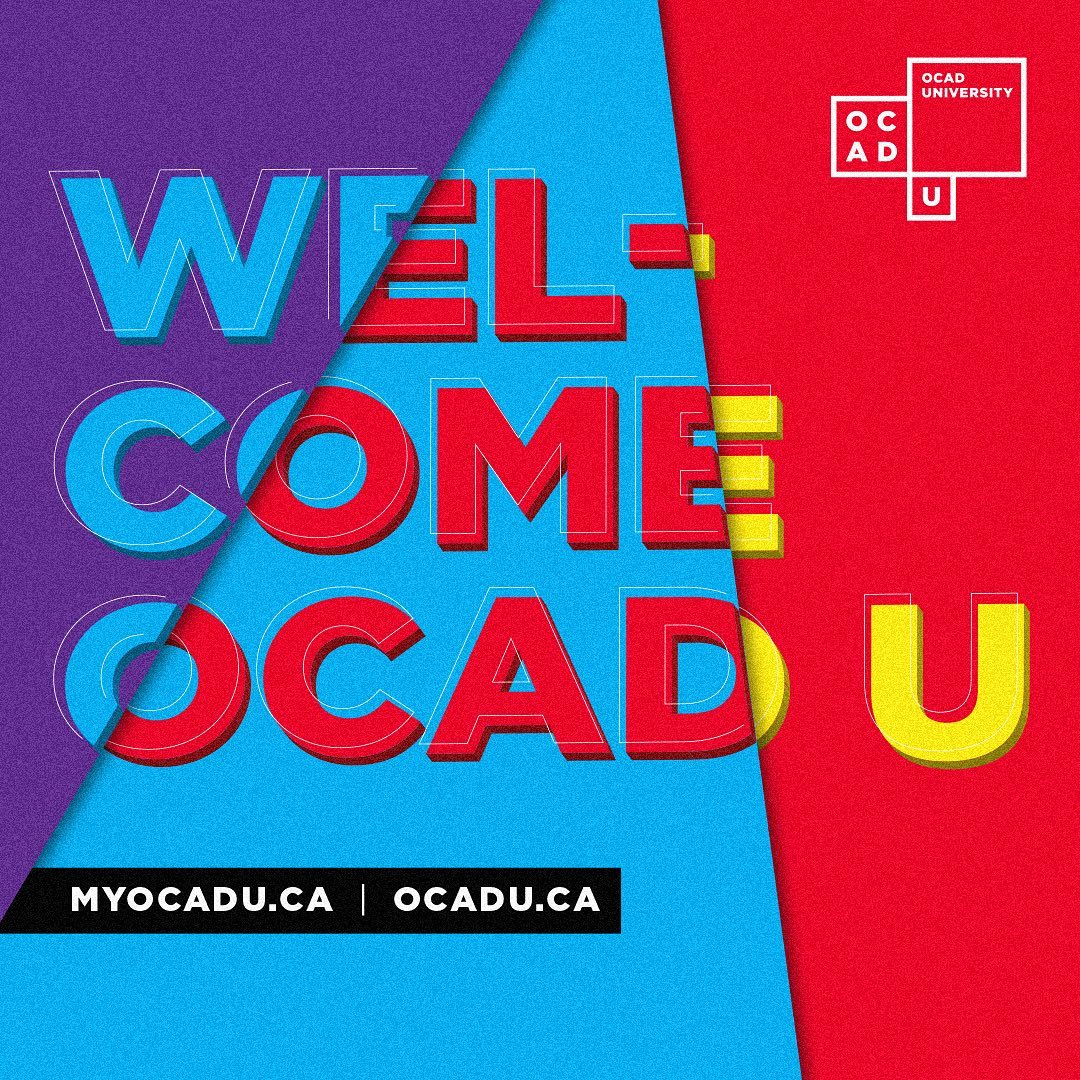 A graphic that reads "welcome OCAD U" in capital letters on a purple, blue and red background.
