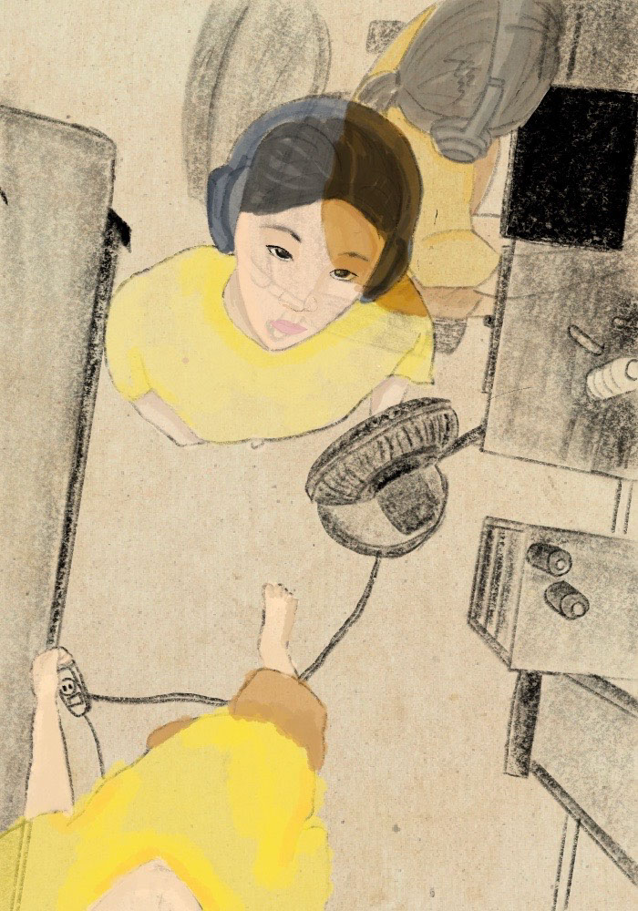 A drawing of a person in a yellow shirt appearing 3 times in the image standing in a room.