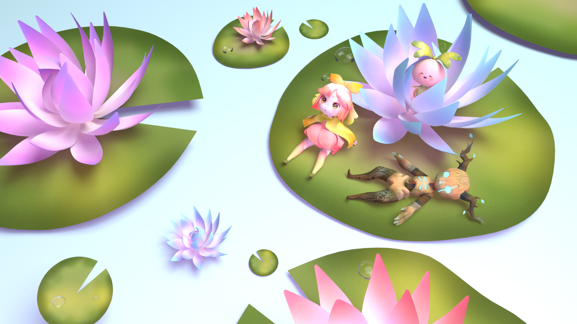 A digital graphic of a pond with lily pads and three animated characters.