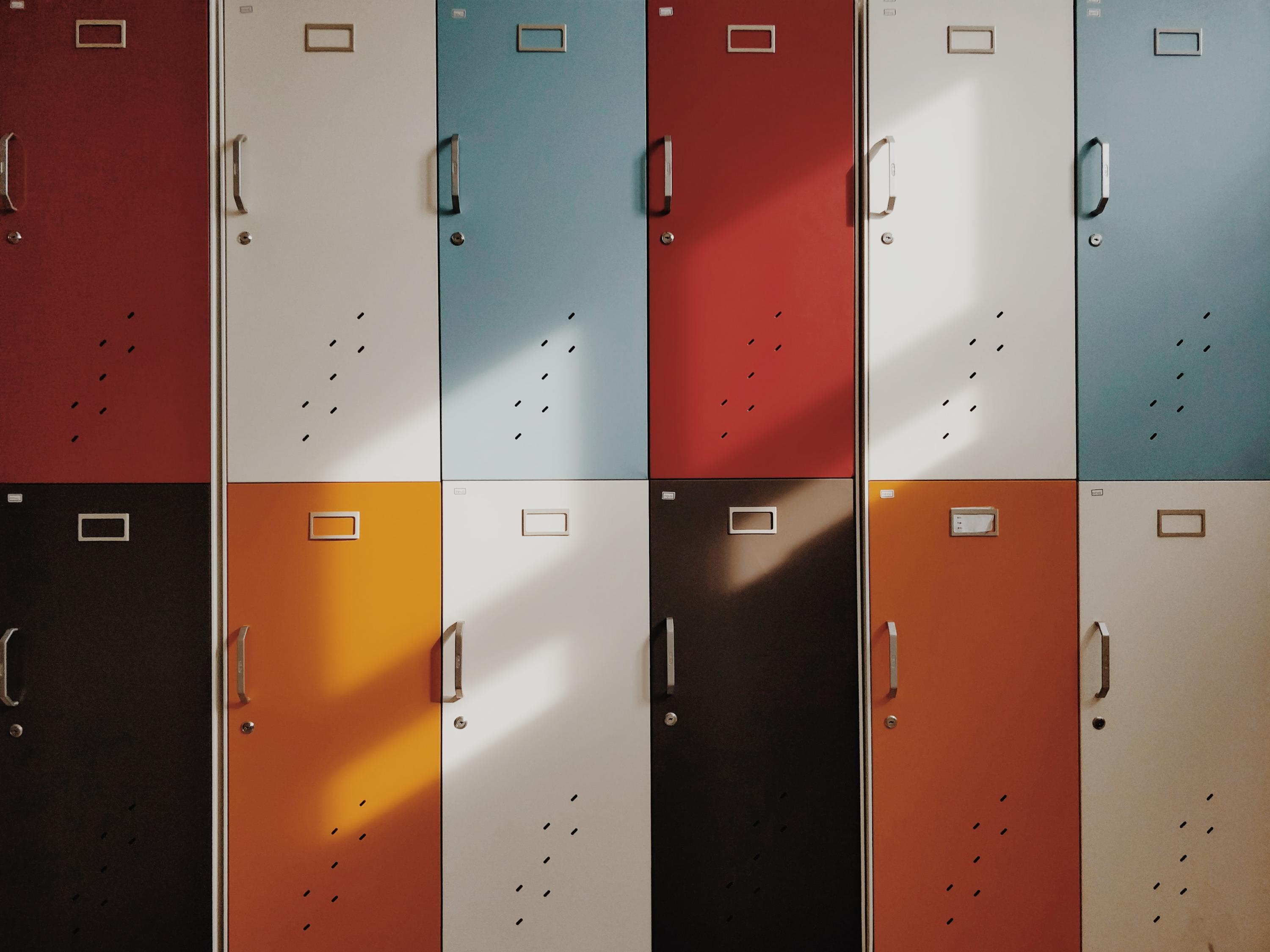 A colourful bay of lockers.