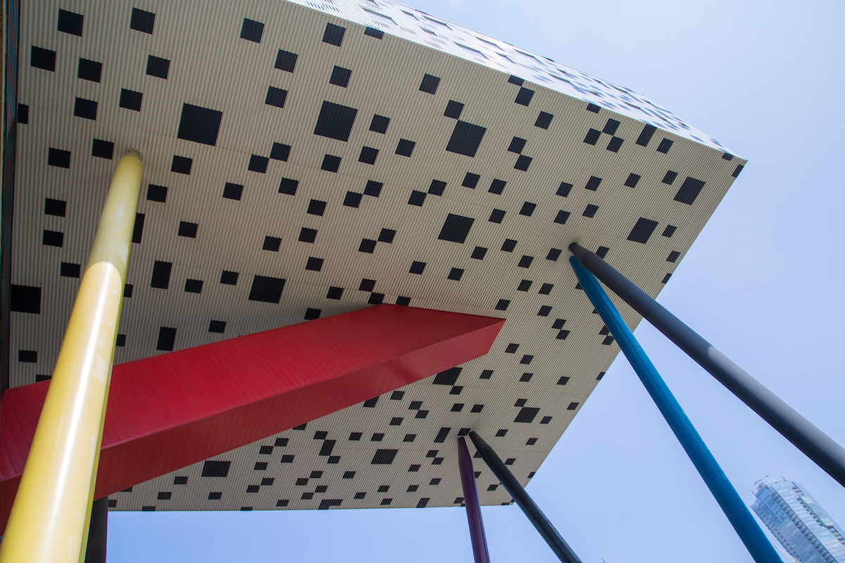 Black and white checkerboard patterned roof of Rosalie Sharp Centre for Design at OCAD U