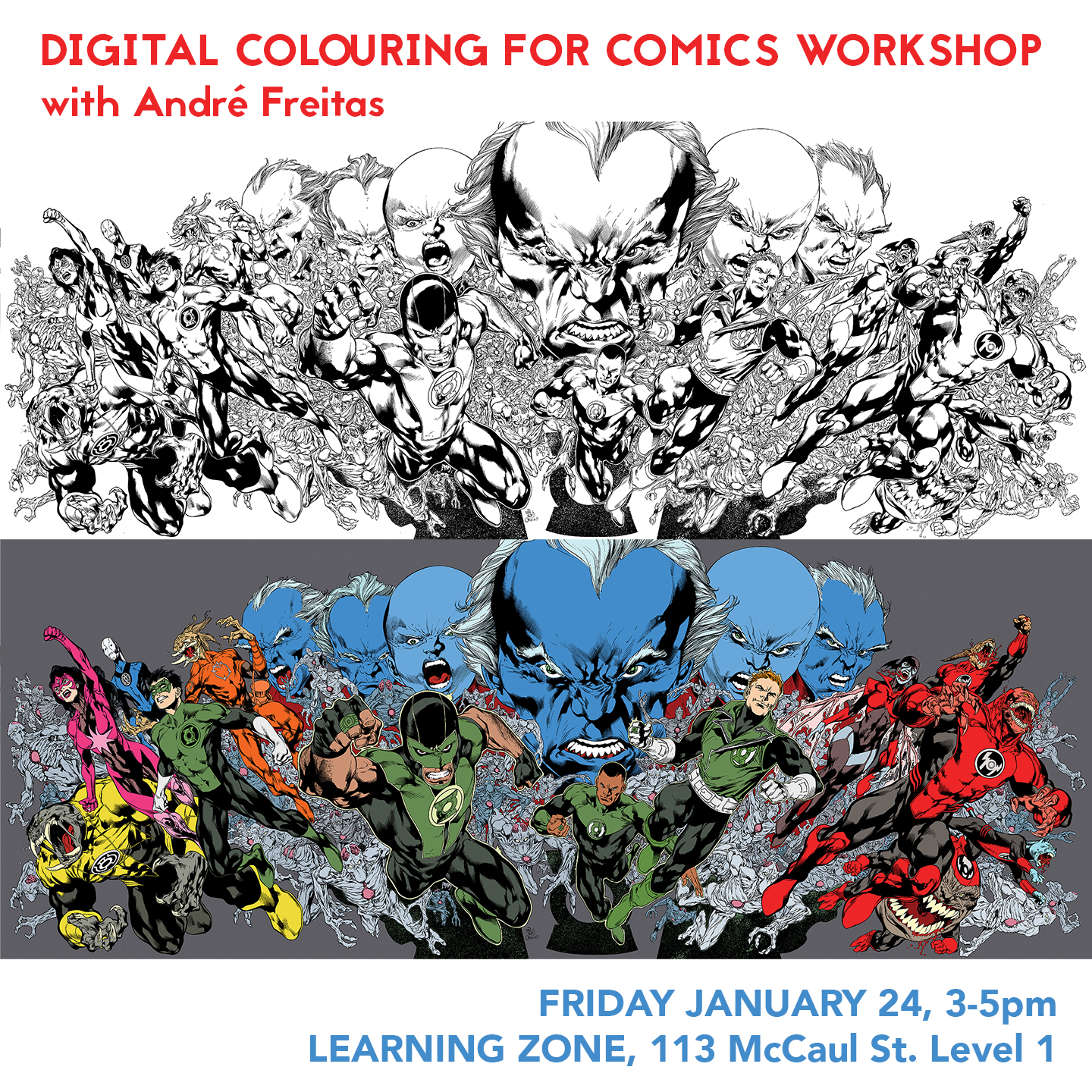 Two drawings of superhero characters bursting from the center, one black and white line work, one with full colour