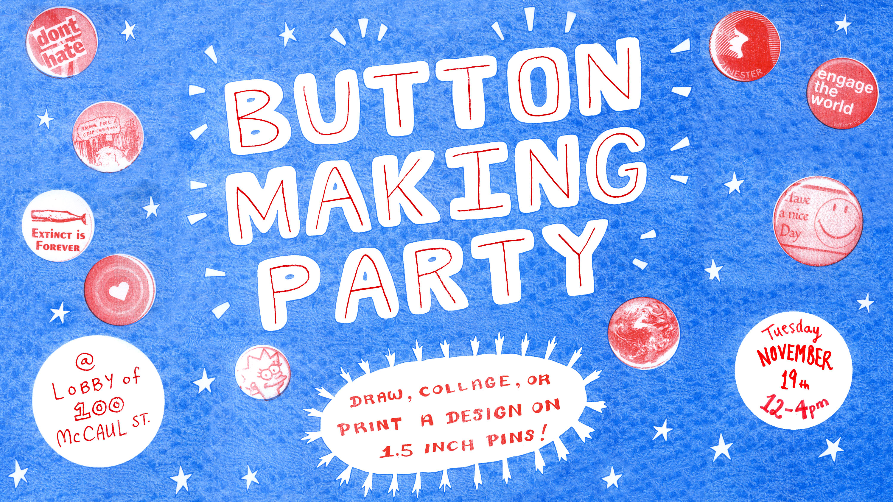 Floating, glowing hand drawn letters with the text "Button making party"