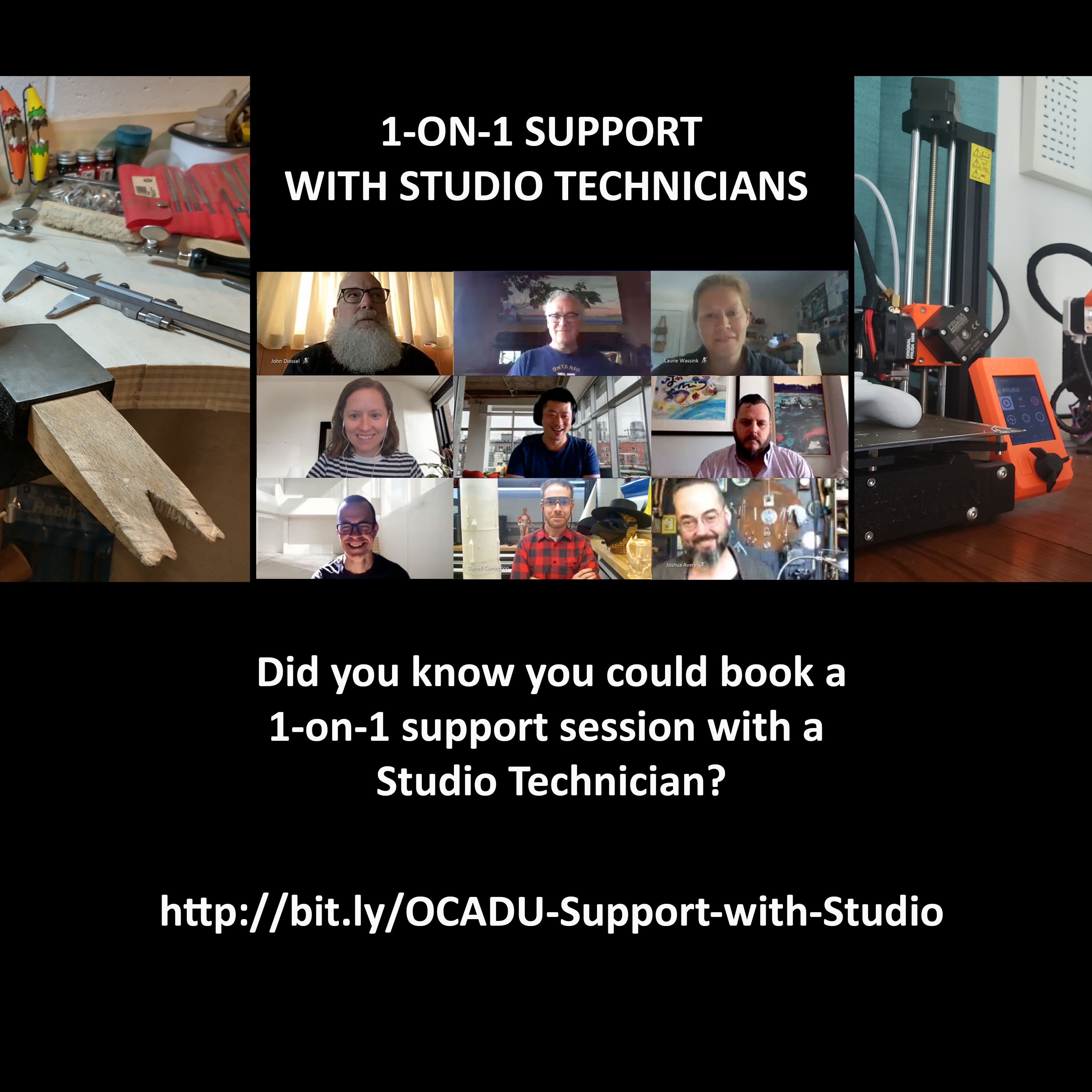 a poster with two workspaces and a screen shot of a group of studio technicians