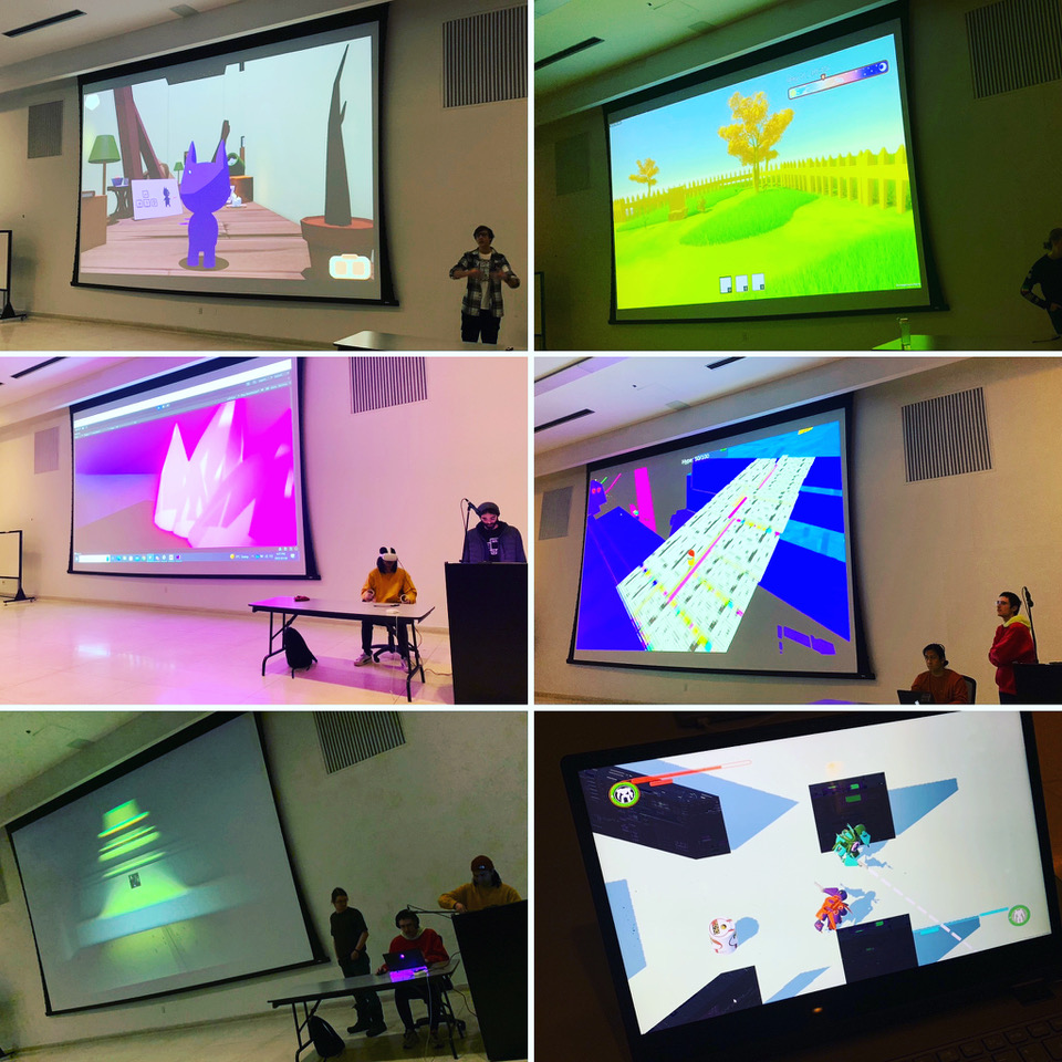 Six photographs of students presenting games on a projector screen.