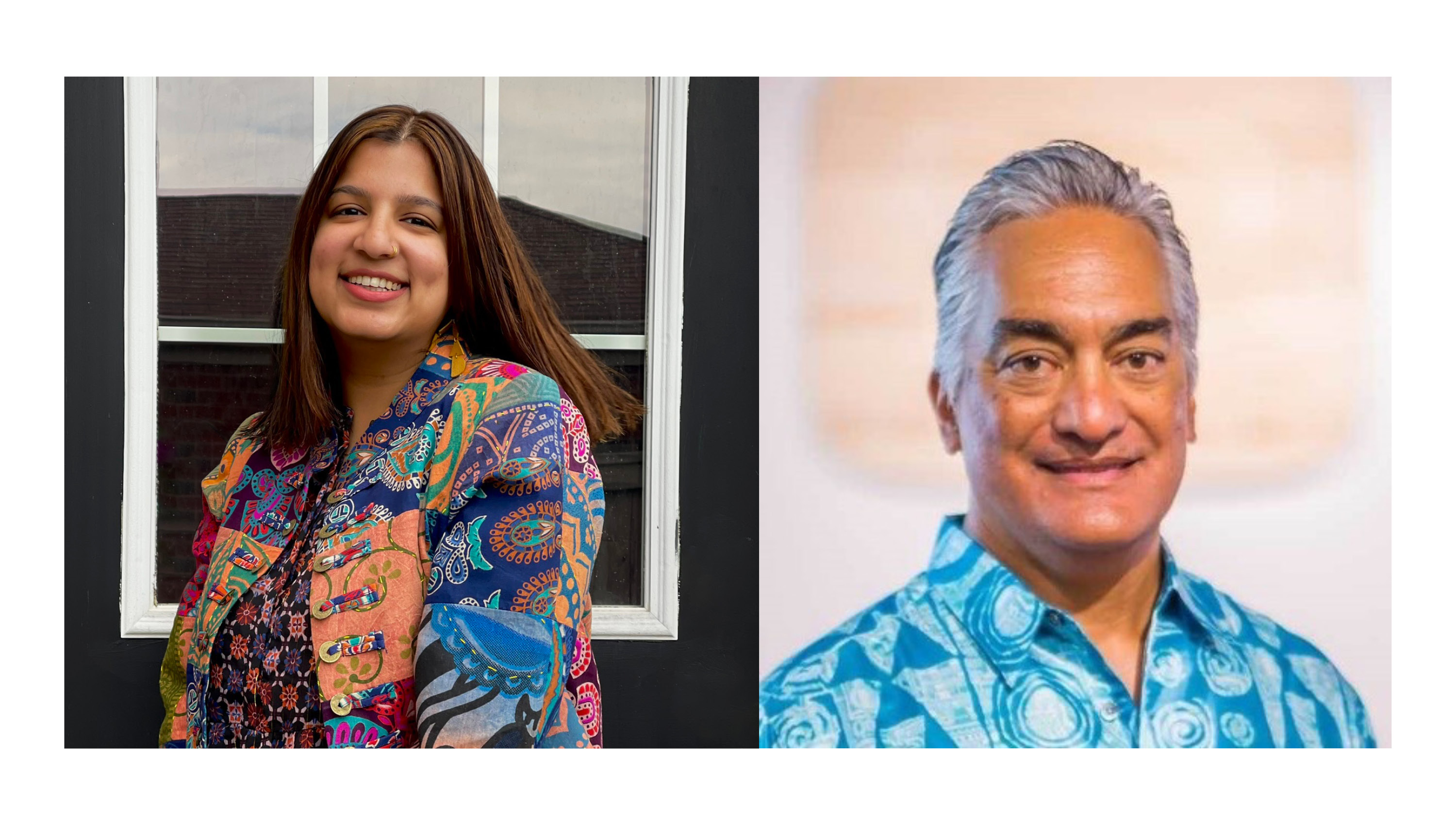 On the left: a woman with shoulder length hair smiling at the camera wearing multi-colour shirt. On the right, a man with short grey hair wearing blue patterned shirt smiling at the camera. 
