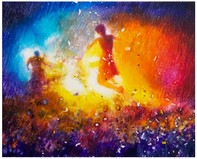 A painting of two people floating in the sky, with blue colours and orange colours