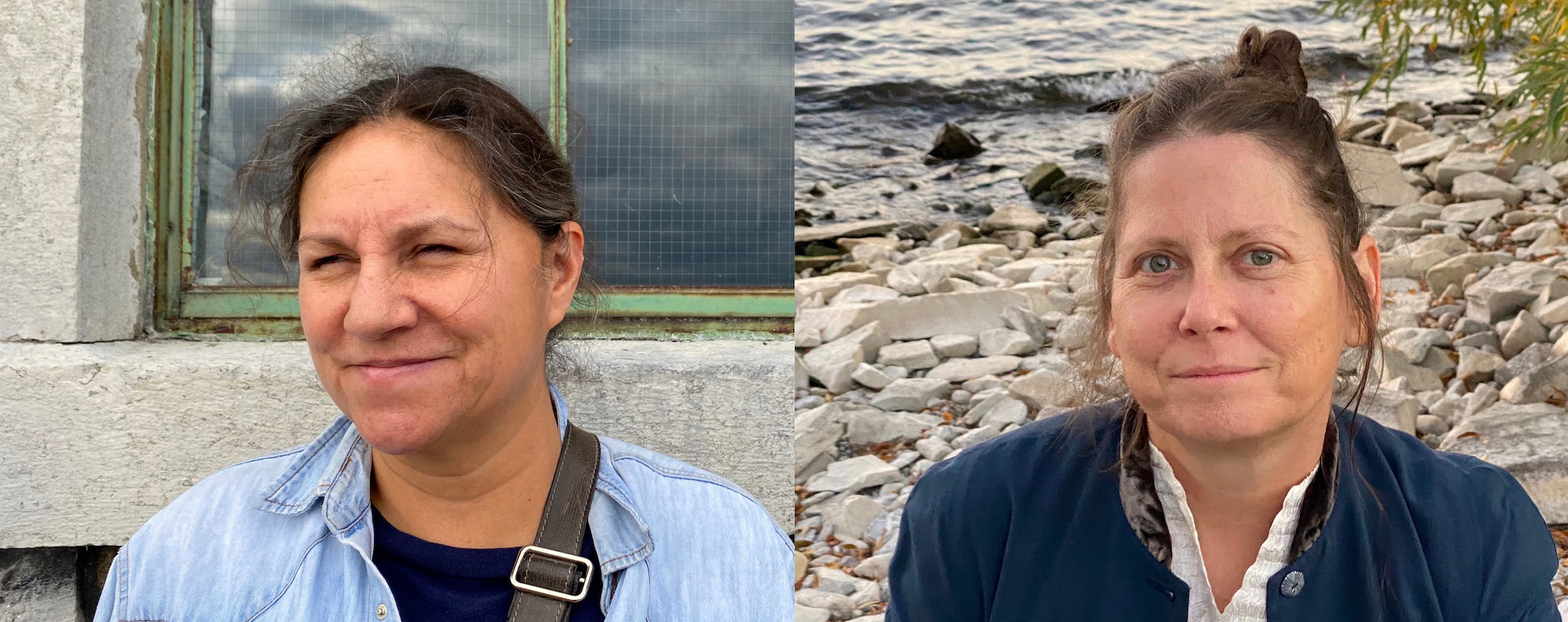 An image of three people left to right: a woman with black hair wearing blue over shirt and black shirt smiling away from the camera, second image is a woman with dark blonde/brown hair smiling at the camera wearing a blue over shirt and white shirt