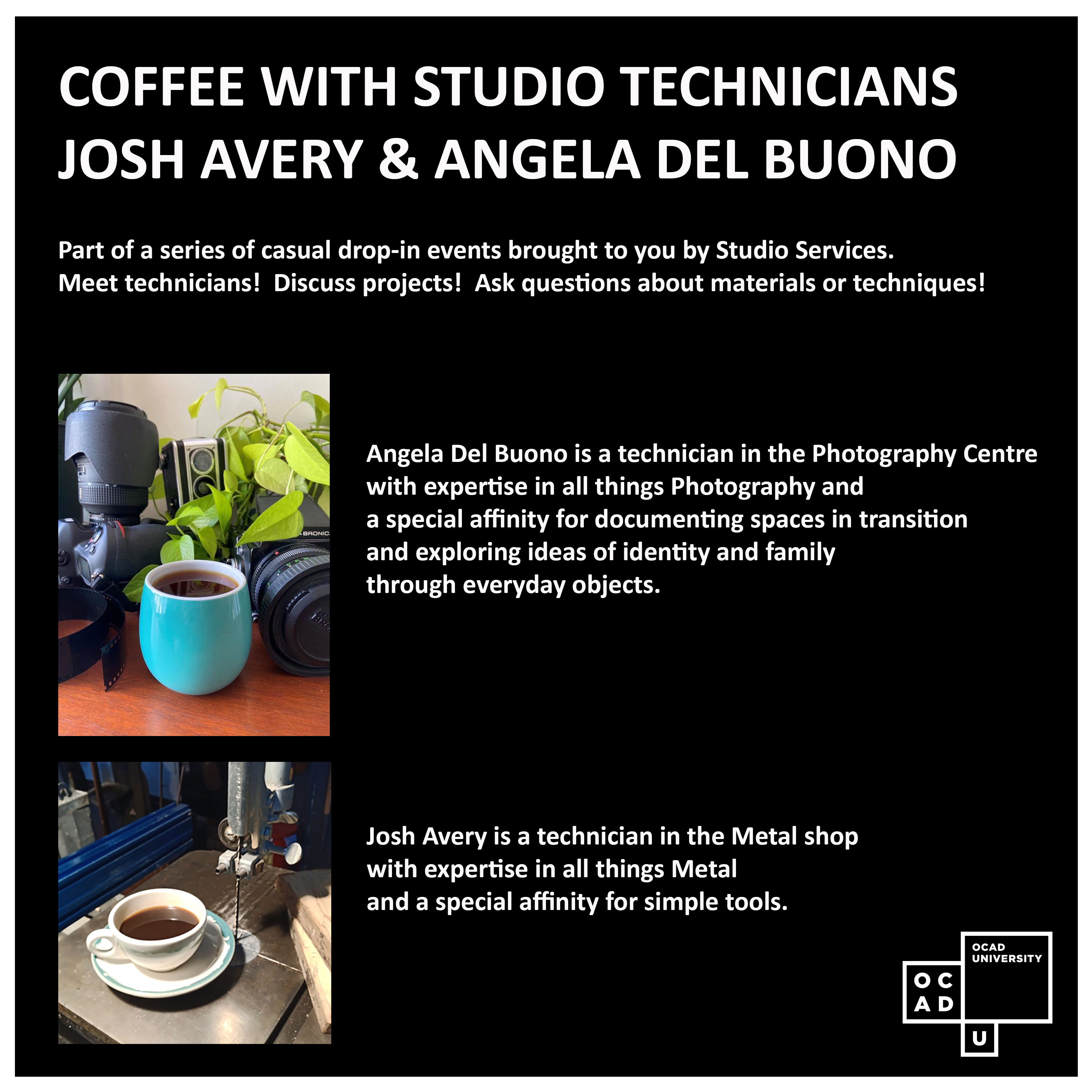 poster for coffee with studio technicians with images of coffee mugs in workspaces