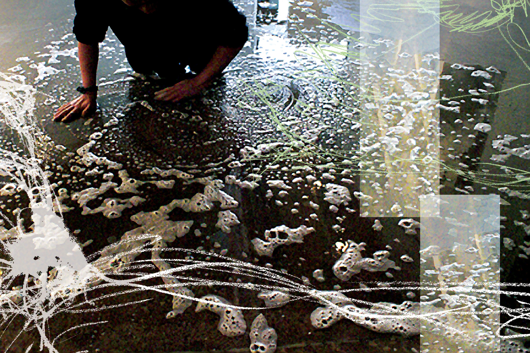 A photograph of a person on their knees on a soapy floor with lines rendered digitally on top of the image.