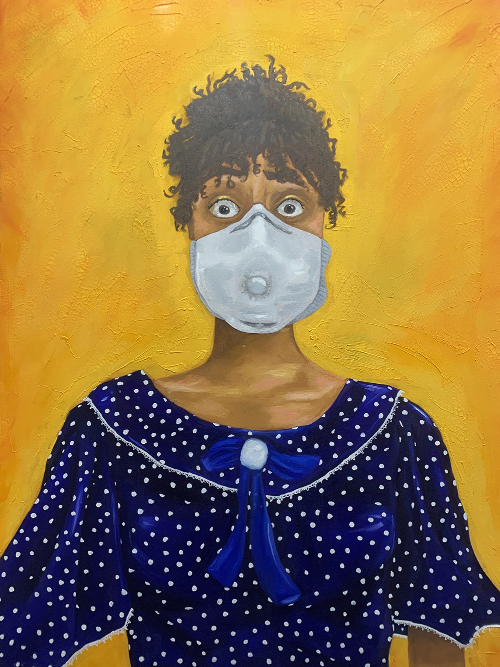 Quarantine Self Portrait (oil and crackle paste on canvas, 38” x 50”) by first-year student Ashley Waithe