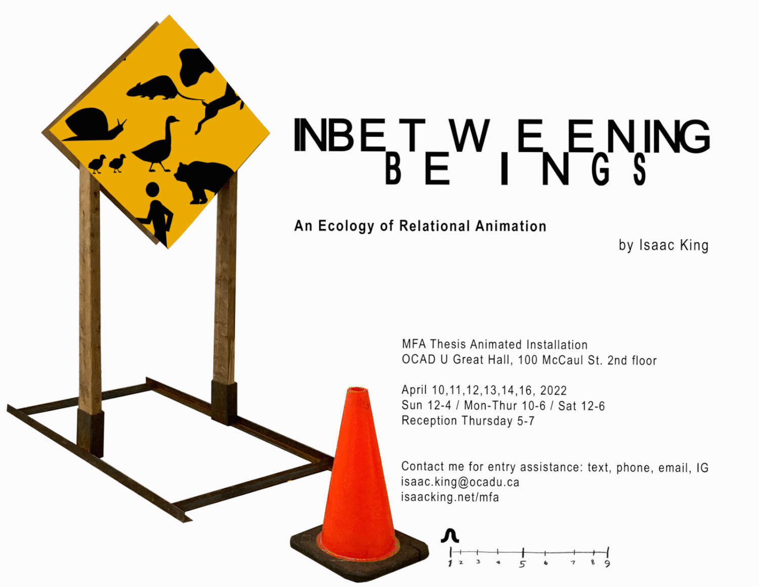 A Yellow caution street sign with various animal icons and a red pylon in front with the text as in the description