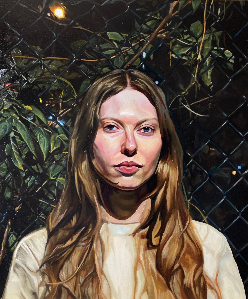 An oil painting of a portrait of a white woman leaning against a chainlink fence.