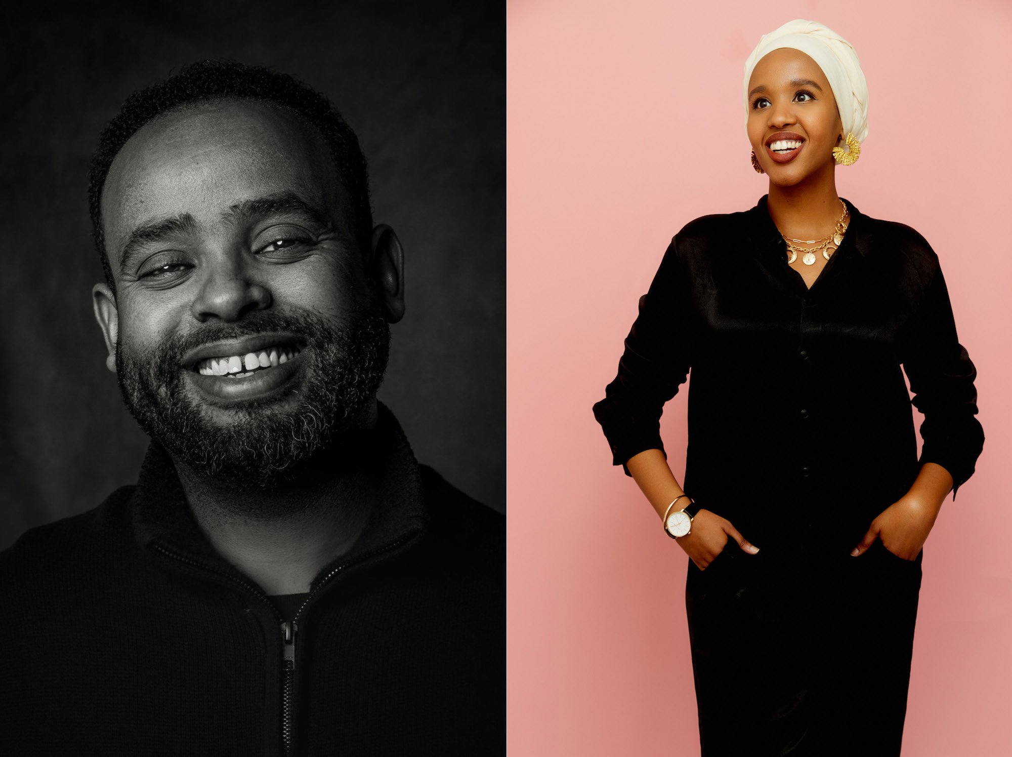 Left to Right: A selfie of a man posing and smiling in a black and white picture. On the right, a woman standing looking away from the camera smiling