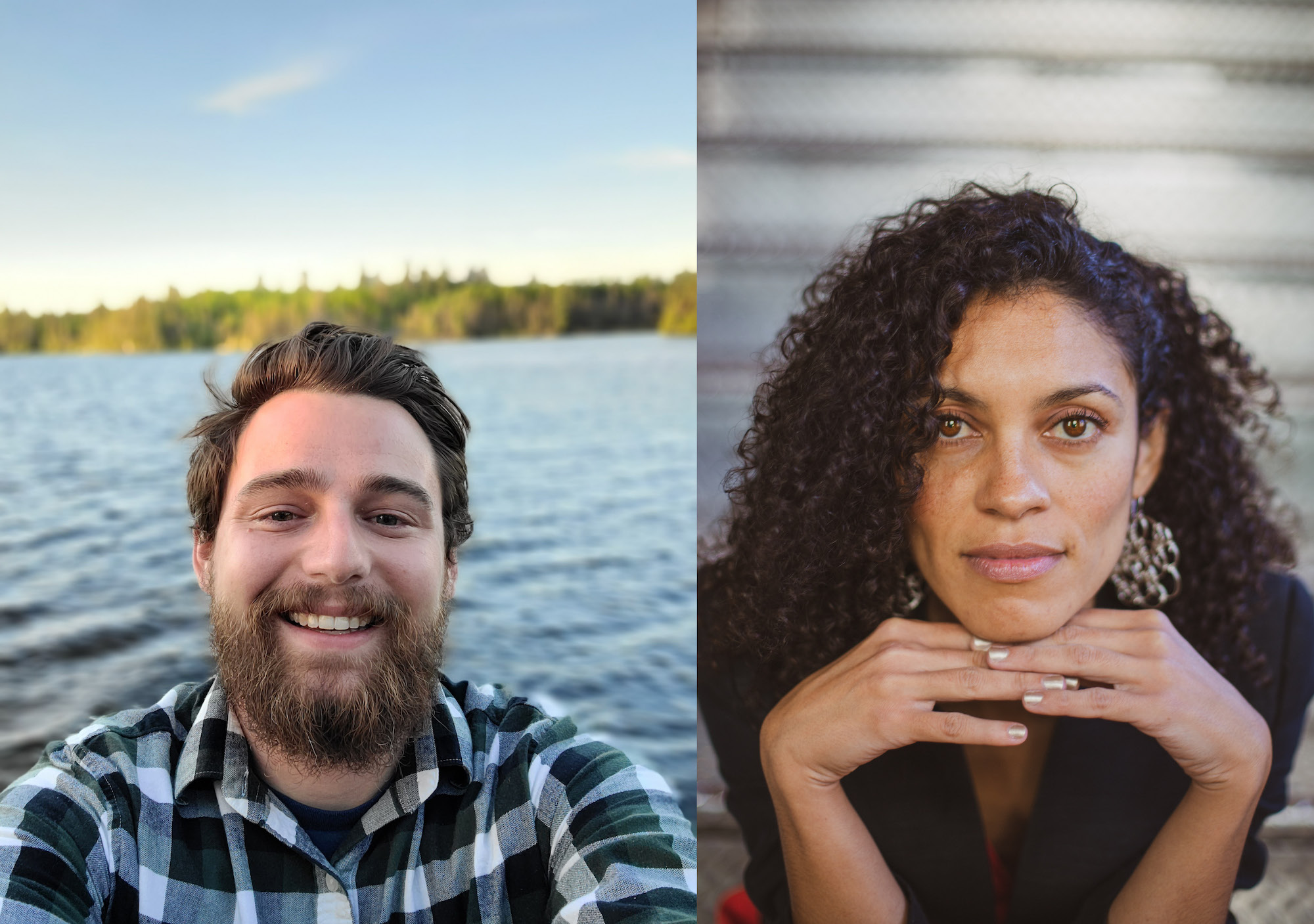 Left to Right: A selfie of a man posing and smiling. On the right, a woman looking directly at the camera.