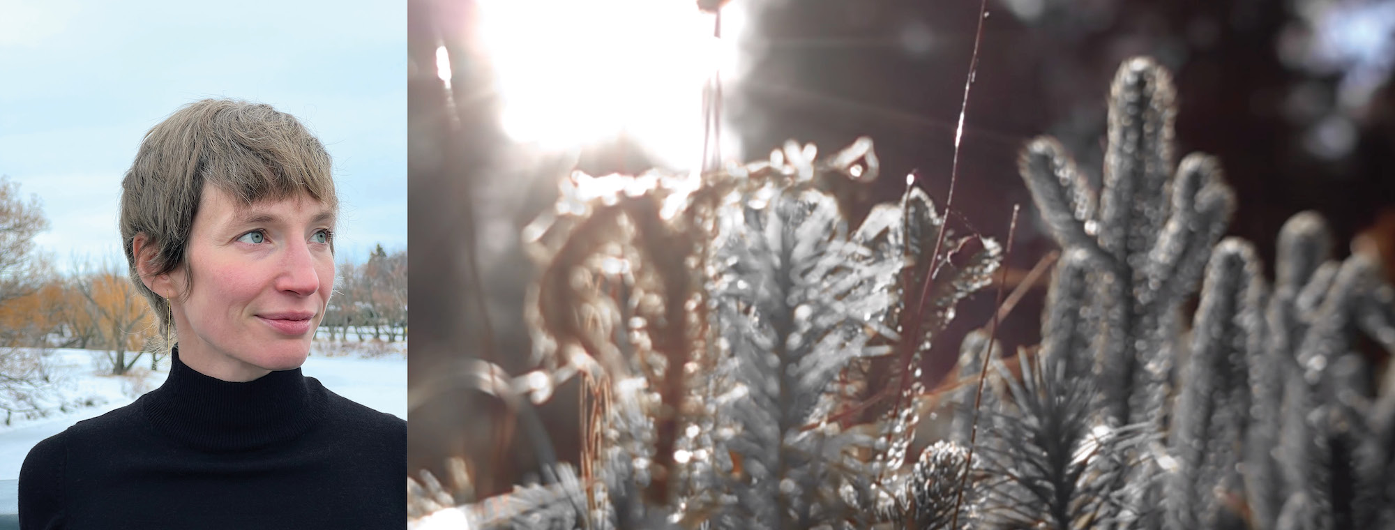 Image of a woman with pixie haircut looking away from camera. Next image of crystallized branches 