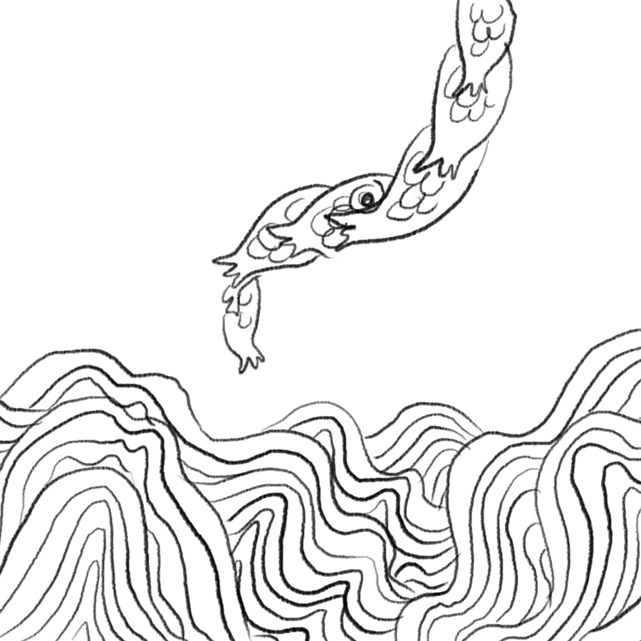 Black and white line drawing of a fish ascending from an ocean.