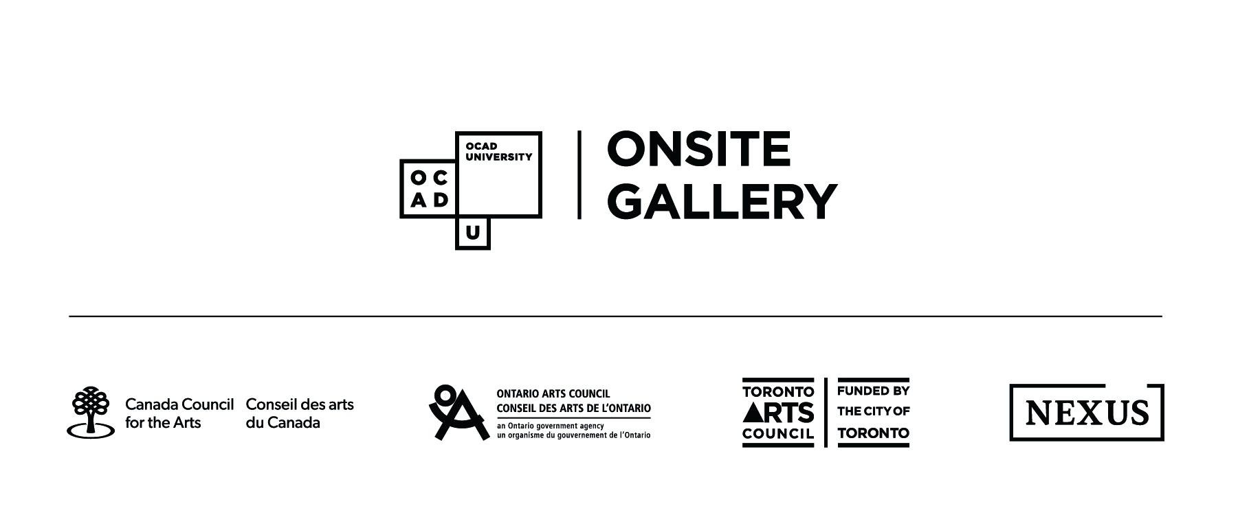 Logo lockup - OCAD University/Onsite Gallery, Canada Council for the Arts, Ontario Arts Council, Toronto Arts Council, Nexus