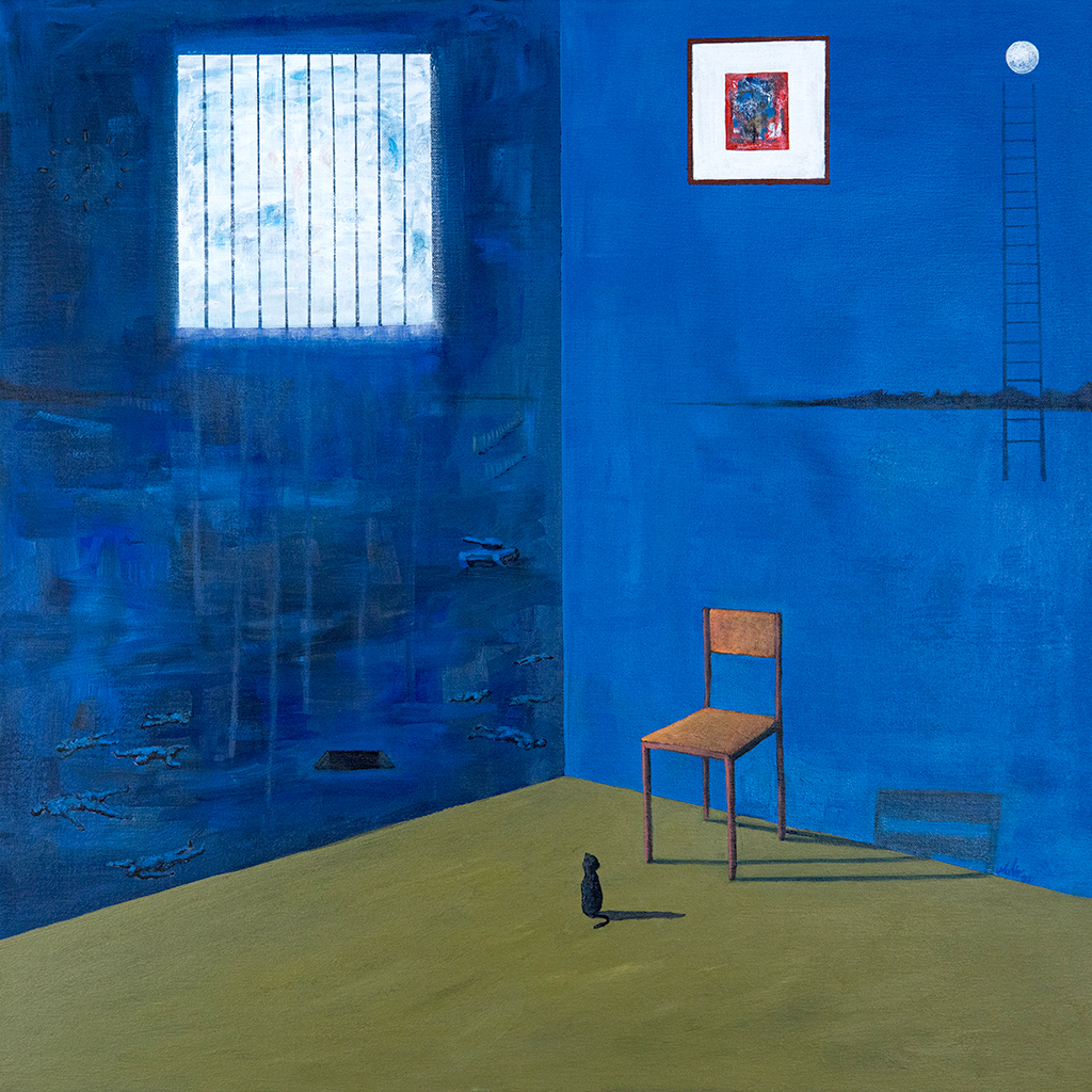 A painting of a blue room with a tiny chair.