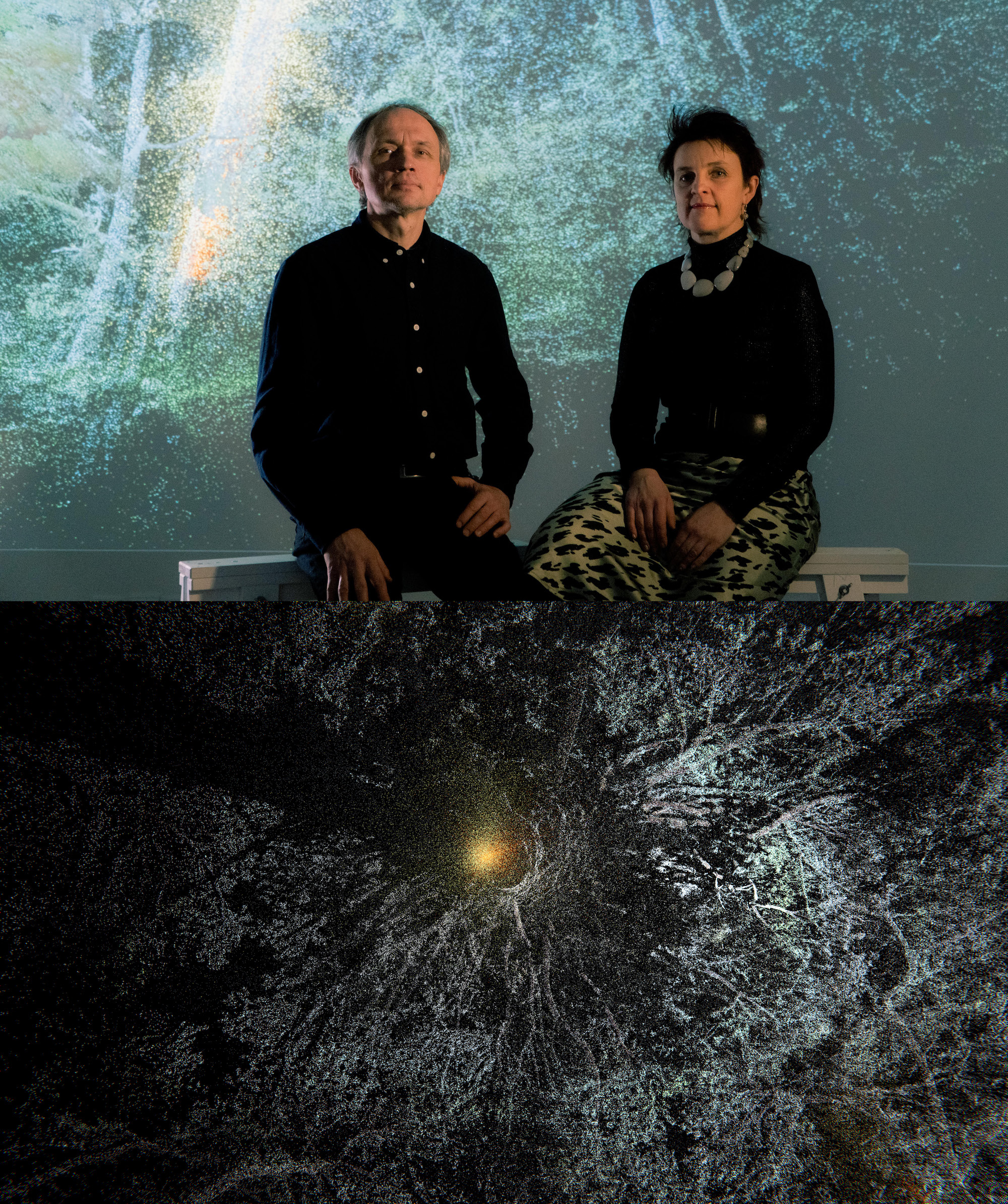 Top image of a man and a woman sitting while looking at a camera. Bottom image of is VR image of their nature work