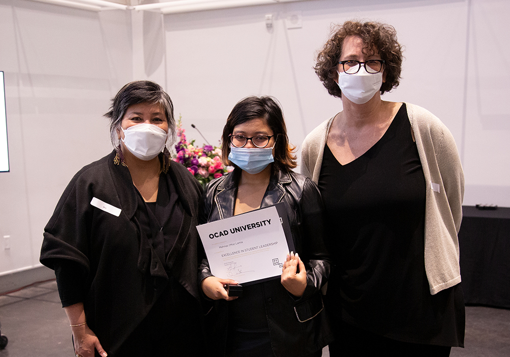 OCAD U President Ana Serrano, Excellence in Student Leadership Award winner Mehnaz (Mia) Lamia and Vice-Provost, Students & International Deanne Fisher. 